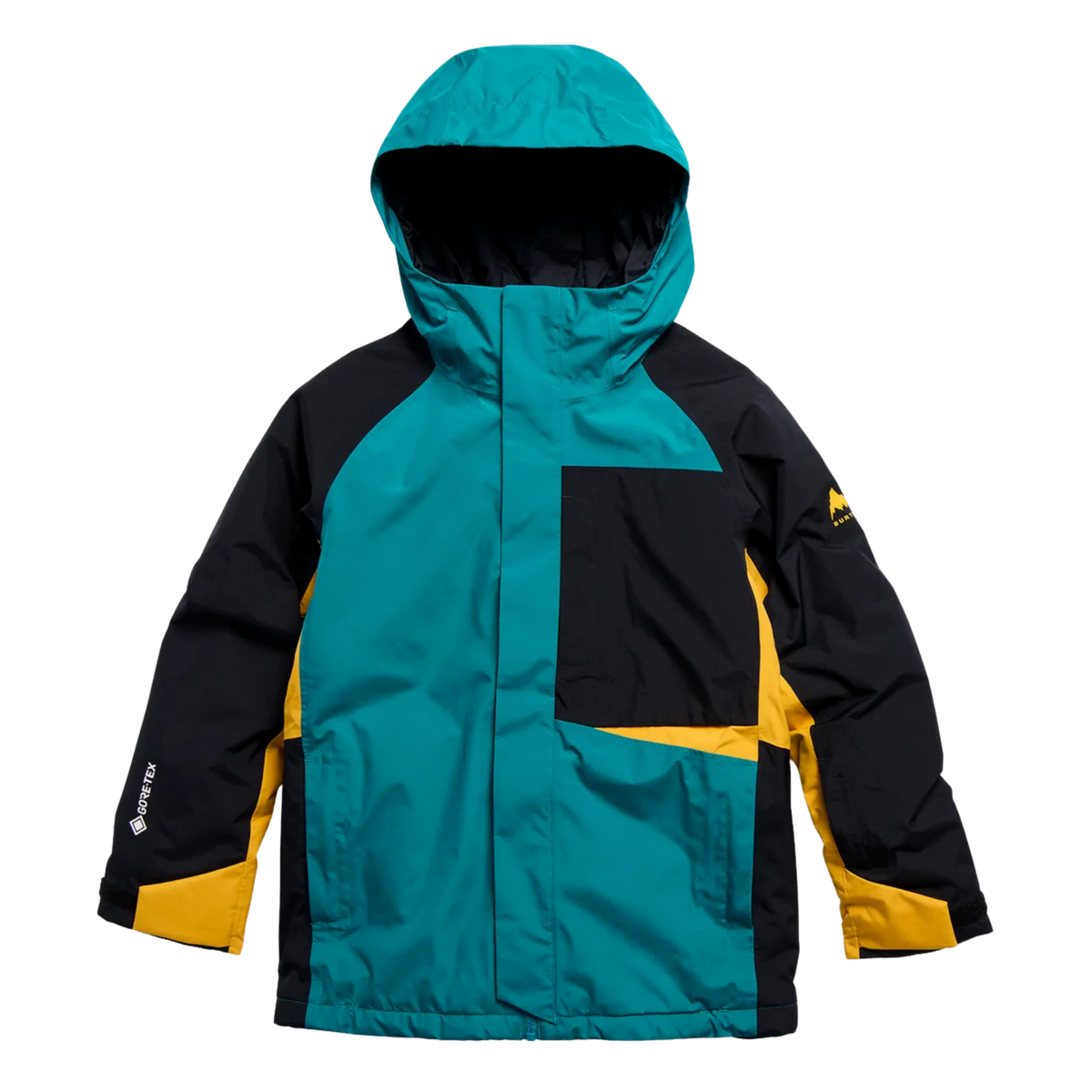 Burton Kids GORE-TEX Powline Jacket in Pacific Teal / Goldenrod / True Black design with waterproof GORE-TEX 2L shell, Thermacore insulation, adjustable hood and Room-To-Grow sleeves