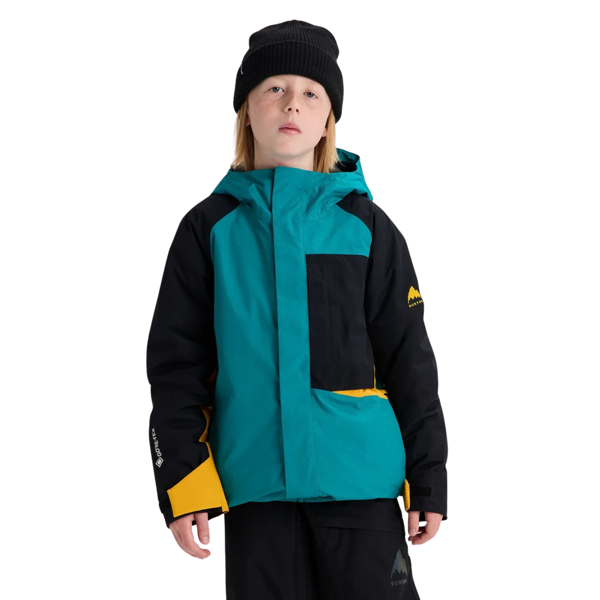 Front view of Burton Kids GORE-TEX Powline Jacket in Pacific Teal / Goldenrod / True Black design with insulated GORE-TEX 2-layer construction, hood and zippered pockets
