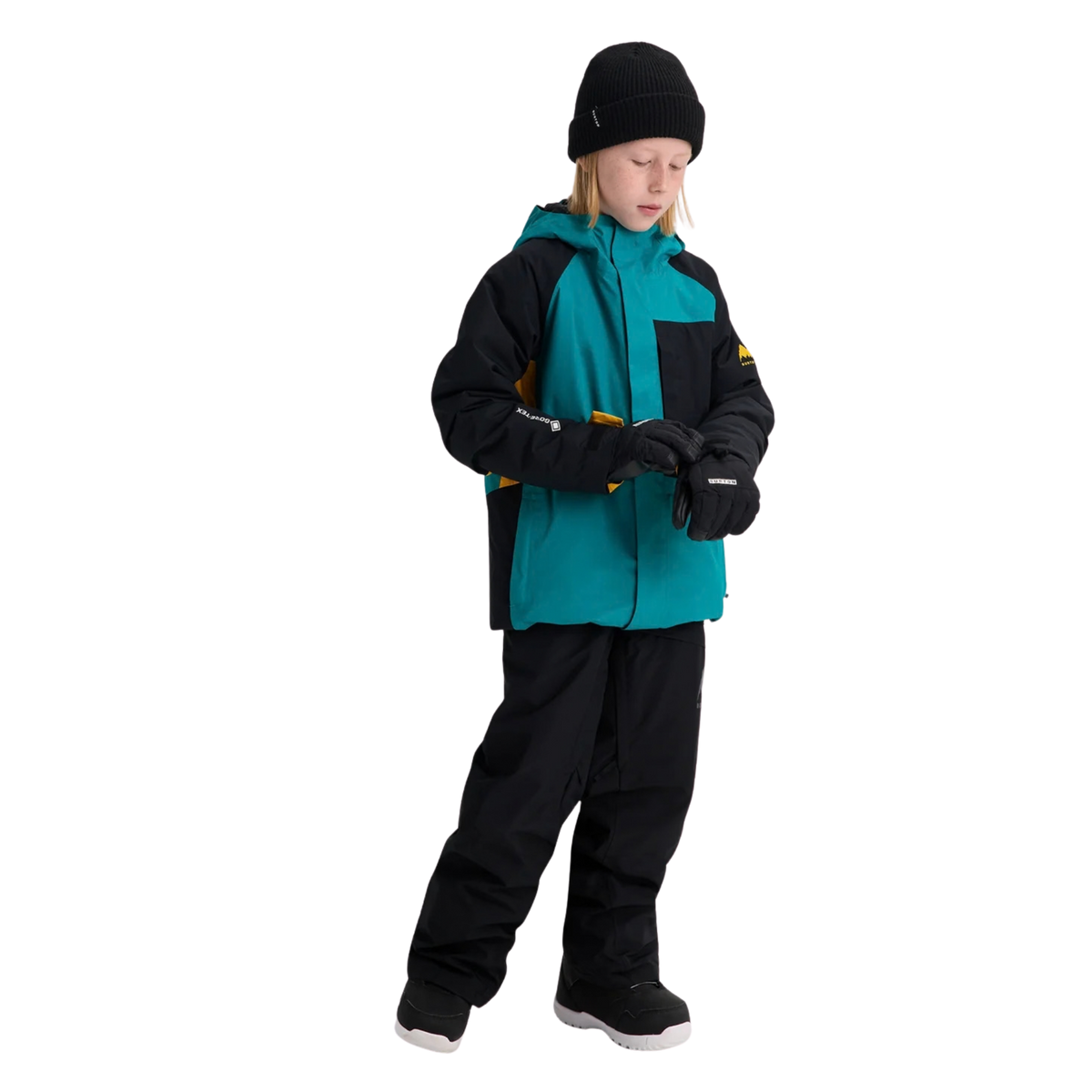 Child wearing Burton Kids GORE-TEX Powline Jacket in Pacific Teal / Goldenrod / True Black design with waterproof protection and Thermacore insulation while skiing in Whistler