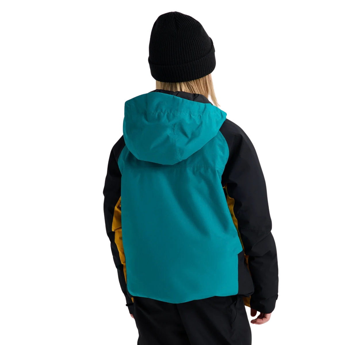 Rear view of Burton Kids GORE-TEX Powline Jacket in Pacific Teal / Goldenrod / True Black design with waterproof windproof shell and articulated regular fit