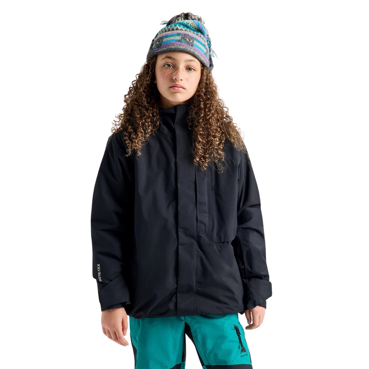 Front view of Burton Kids GORE-TEX Powline Jacket in True Black design with insulated GORE-TEX 2-layer construction, hood and zippered pockets
