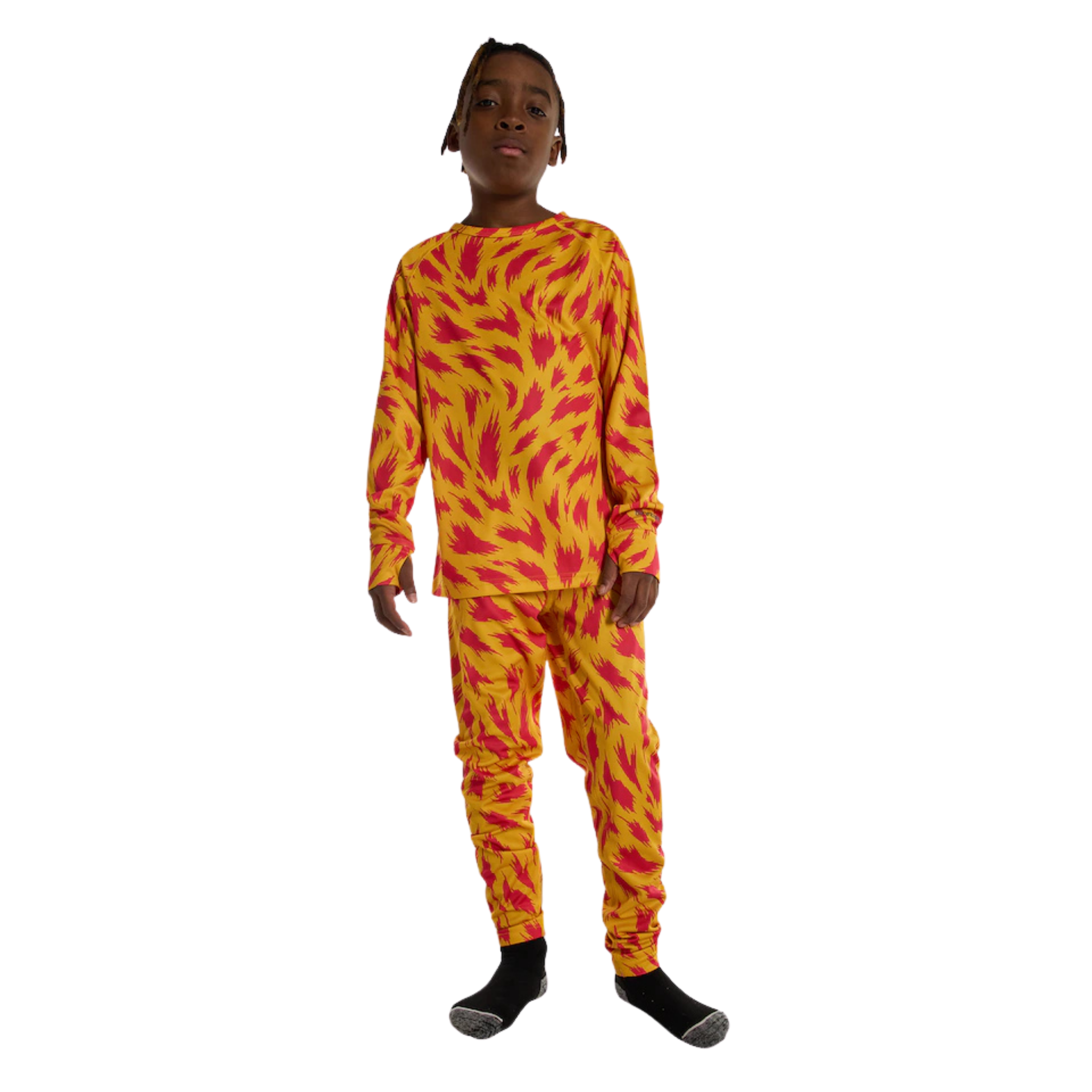 Front view of Burton Kids Lightweight Base Layer Set in Fur Goldenrod design with breathable 145gsm DRYRIDE Ultrawick fabric