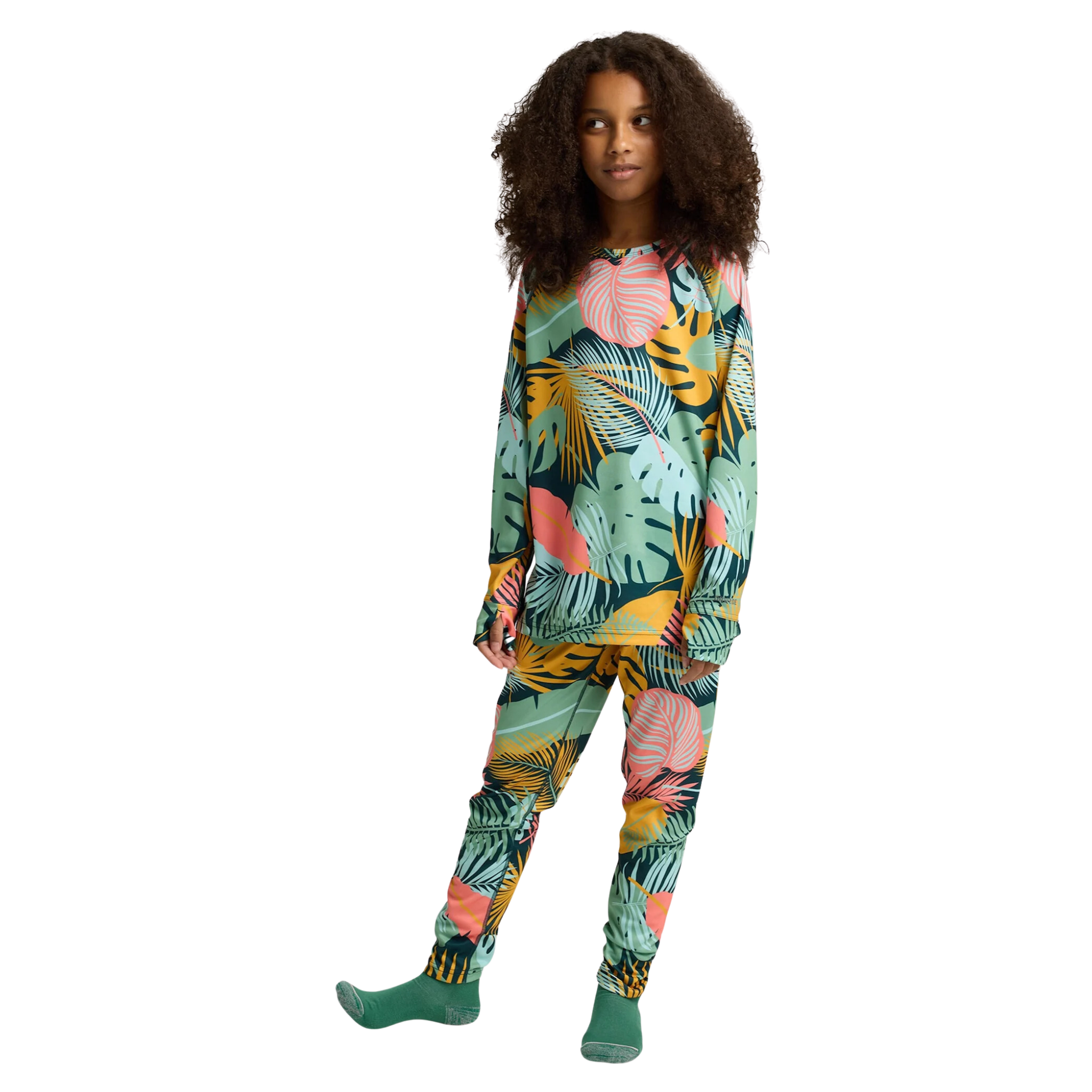 Front view of Burton Kids Lightweight Base Layer Set in Oversized Tropical design with breathable 145gsm DRYRIDE Ultrawick fabric