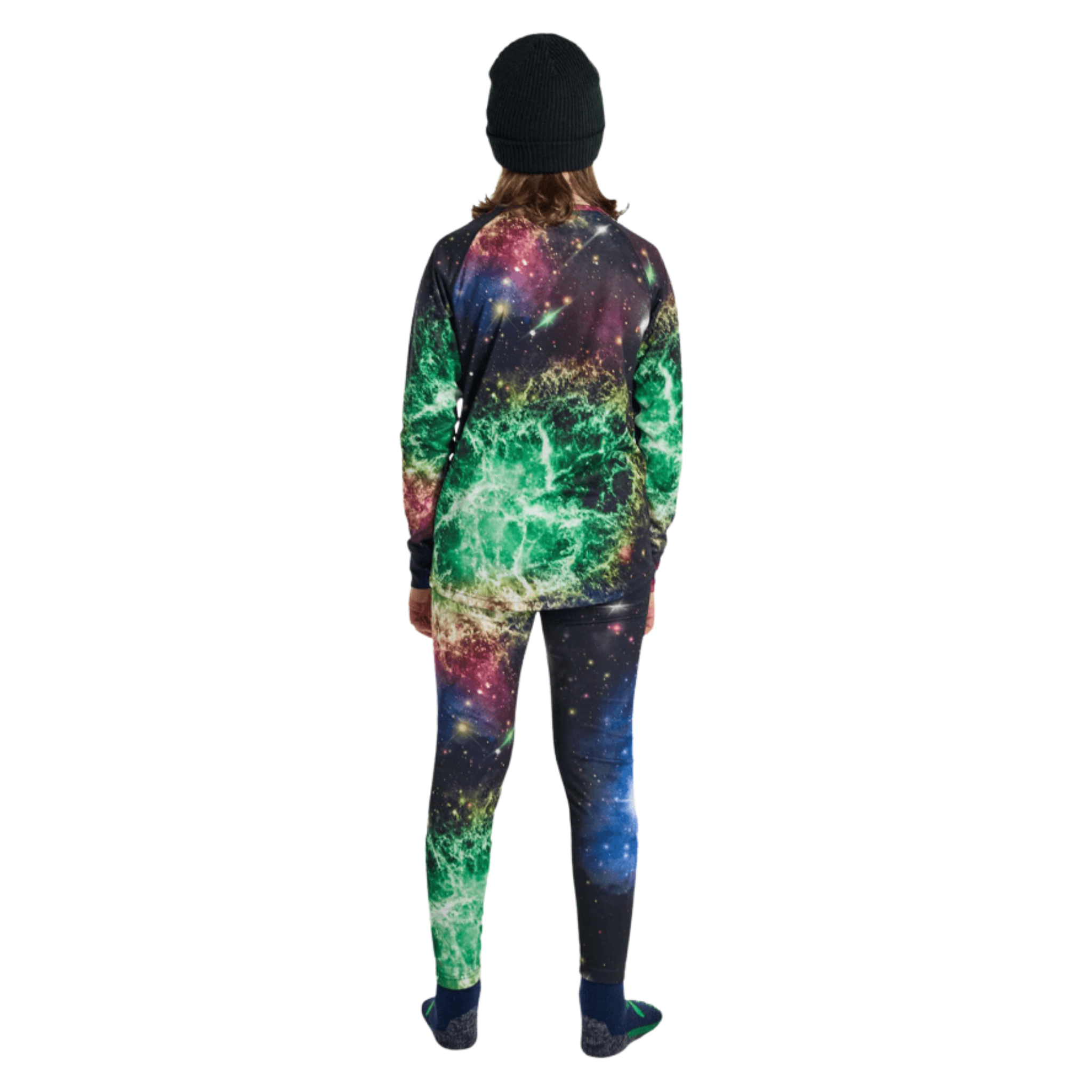 Rear view of Burton Kids Lightweight Base Layer Set in Painted Planets design with quick-drying 100% recycled polyester construction