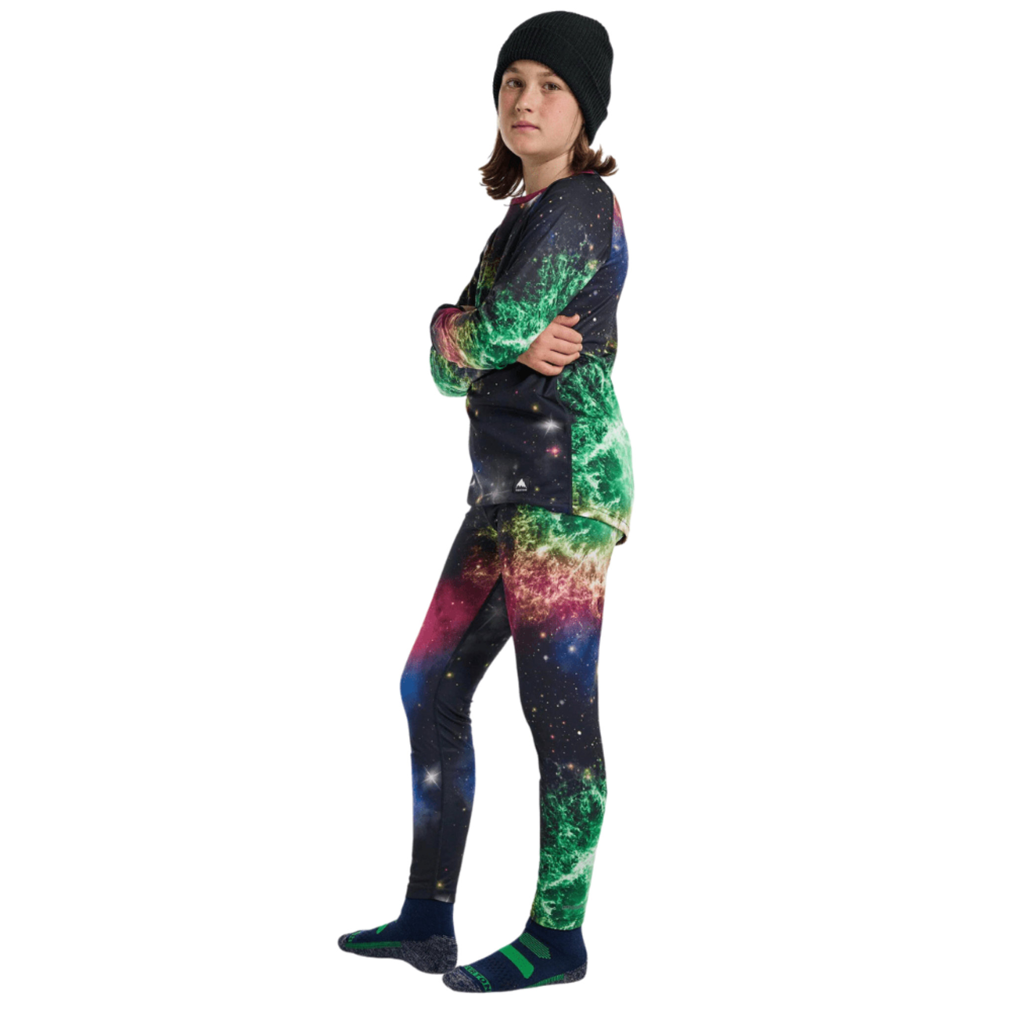 Side view of Burton Kids Lightweight Base Layer Set in Painted Planets design with 180-degree stretch and regular fit