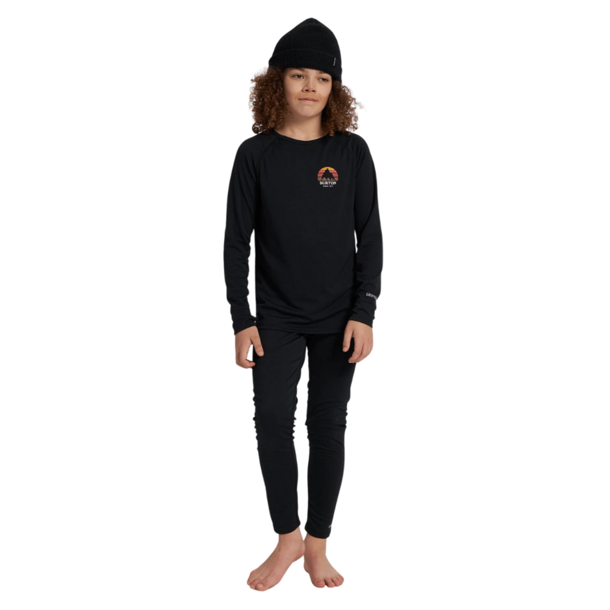 Front view of Burton Kids Lightweight Base Layer Set in True Black design with breathable 145gsm DRYRIDE Ultrawick fabric