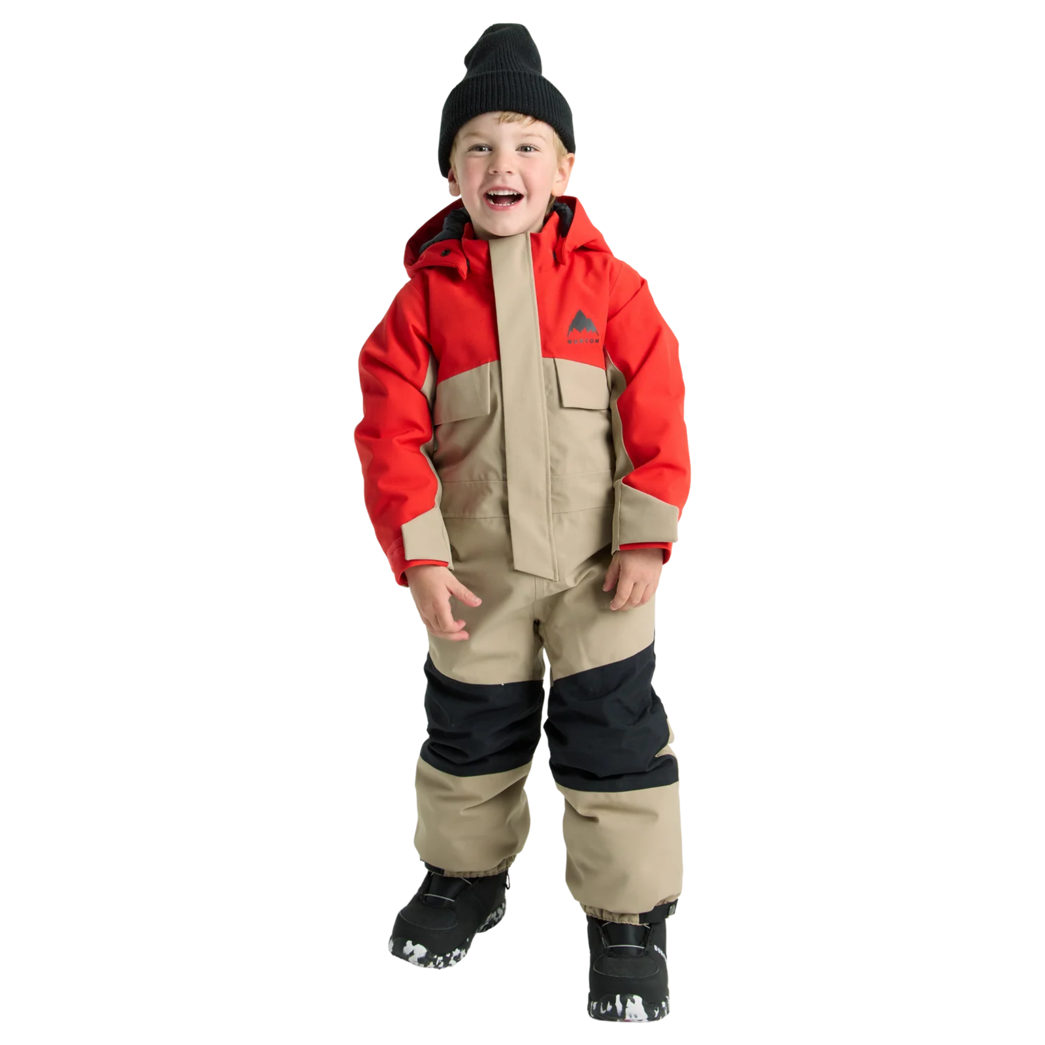 Front view of Burton Kids One-Piece Snowsuit in Flame Scarlet / Summit Taupe design with 15K waterproof protection and 100g ThermacoreECO insulation