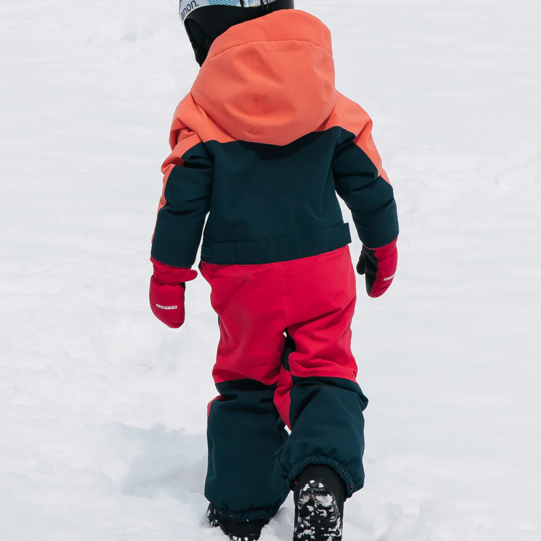 Rear view of Burton Kids One-Piece Snowsuit in Peach Echo / Deep Emerald design with reinforced seat and Room-To-Grow system