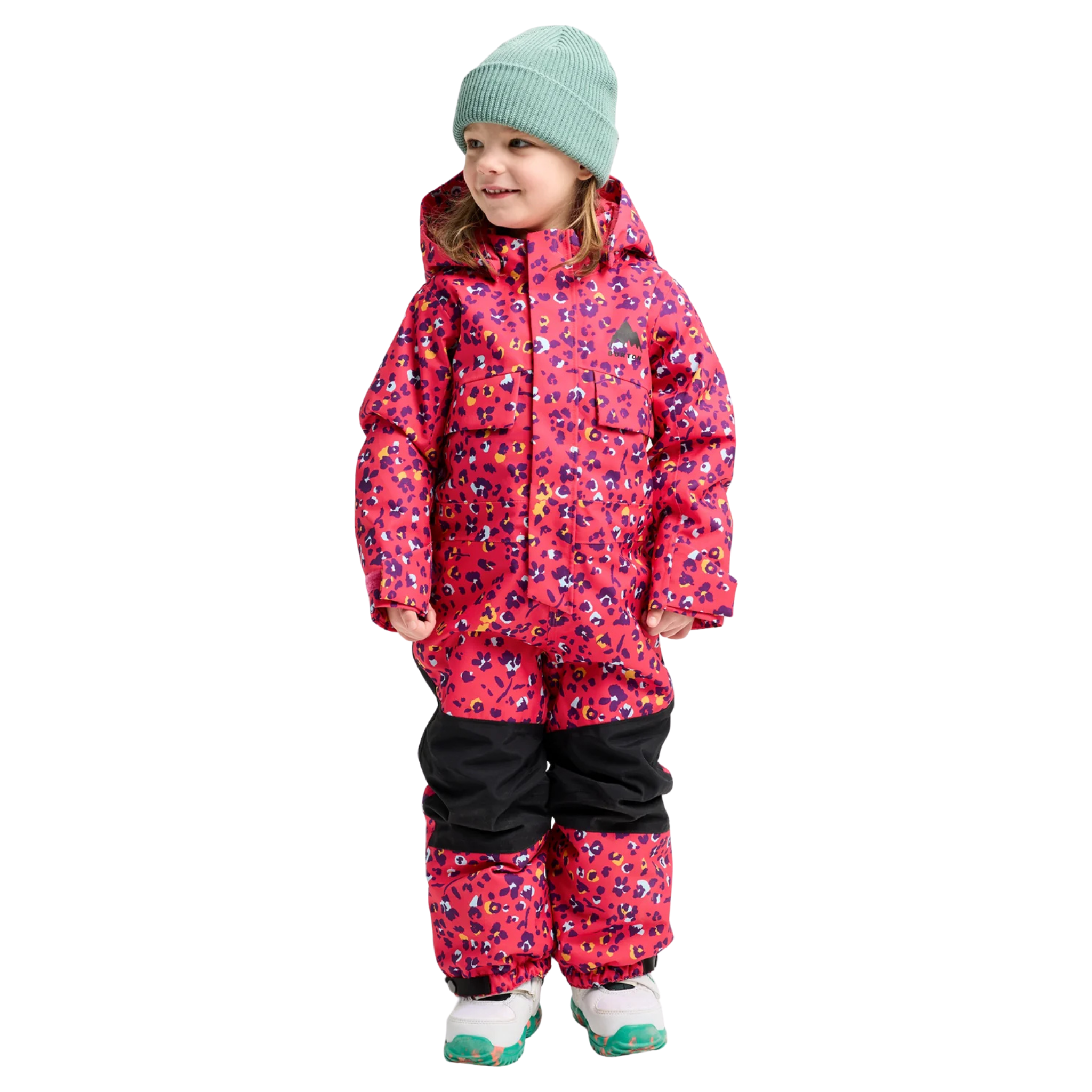 Front view of Burton Kids One-Piece Snowsuit in Wildcat Floral design with 15K waterproof protection and 100g ThermacoreECO insulation