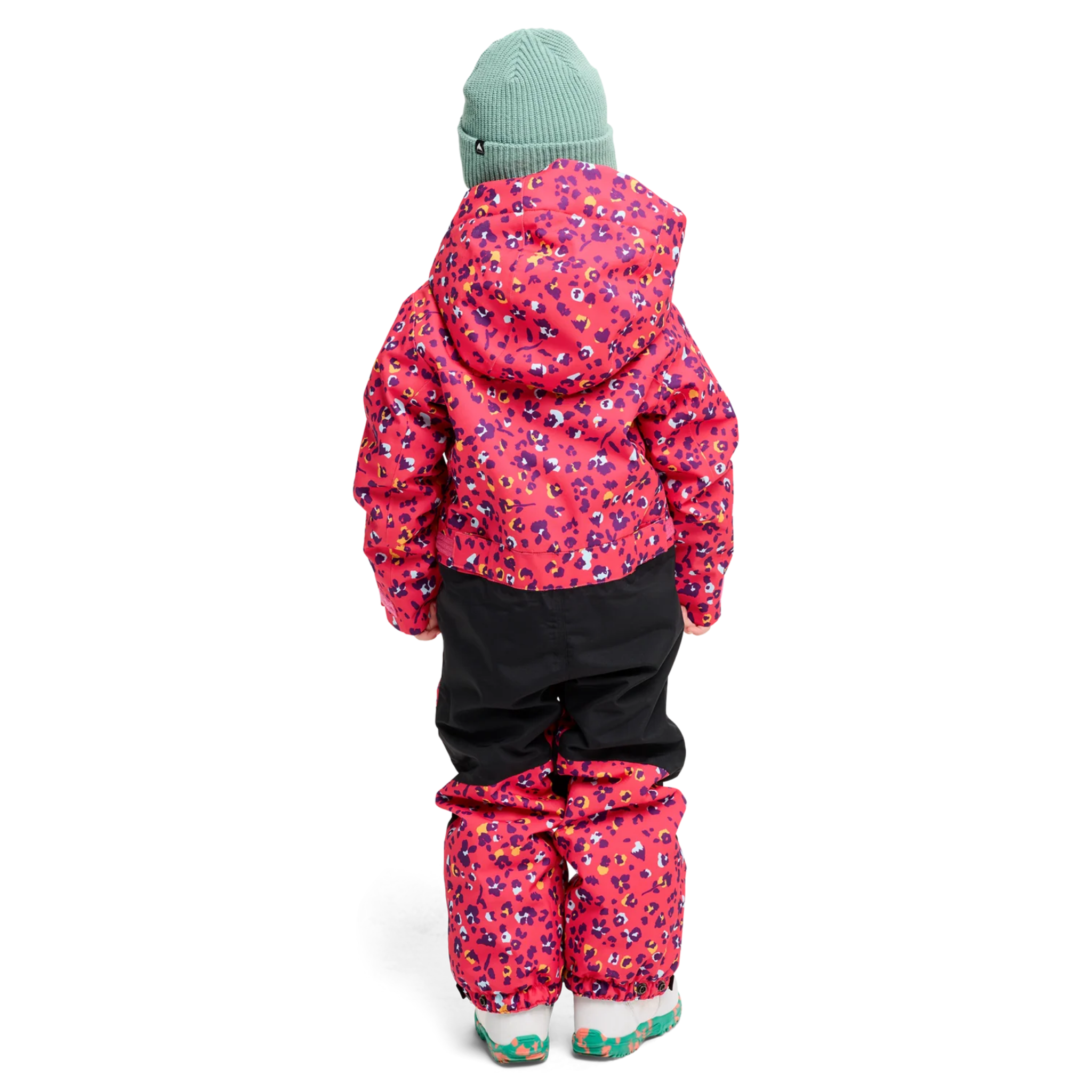 Rear view of Burton Kids One-Piece Snowsuit in Wildcat Floral design with reinforced seat and Room-To-Grow system
