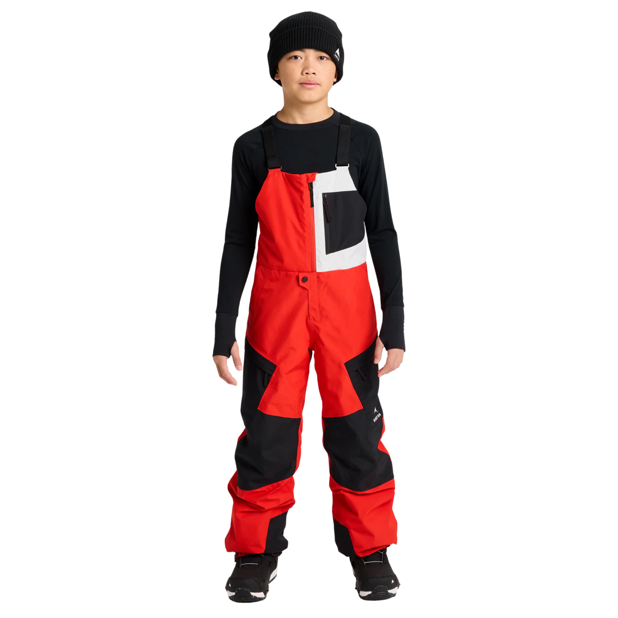 Front view of Burton Kids Powline GORE-TEX 2L Bib Pants in Flame Scarlet / True Black color combination with 60g insulation and adjustable elastic suspenders