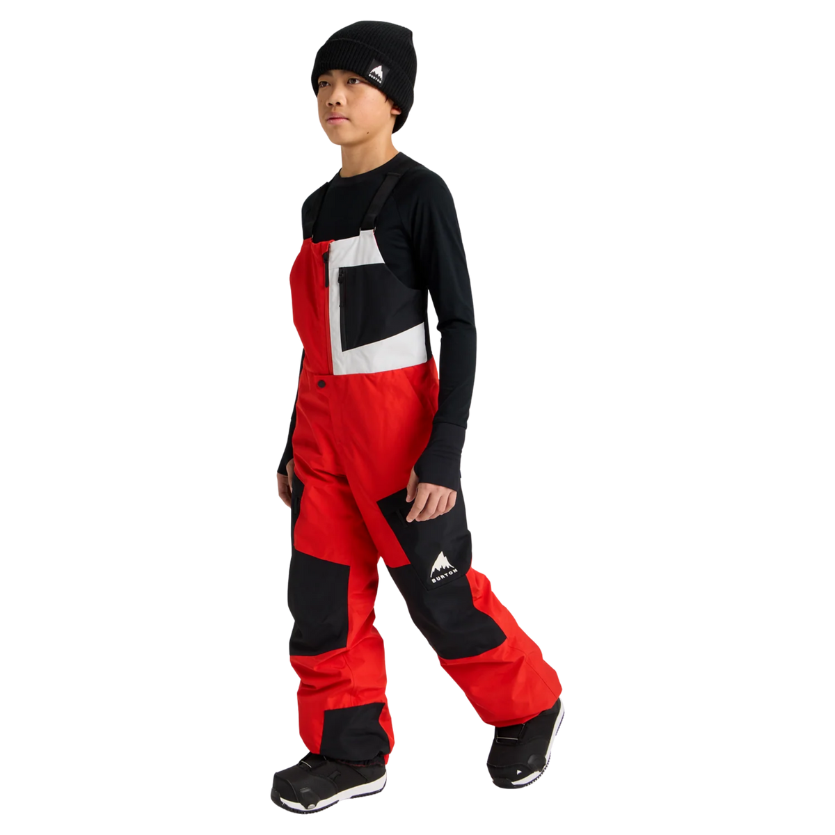 Side view of Burton Kids Powline GORE-TEX 2L Bib Pants in Flame Scarlet / True Black color combination with articulated knees and 60g ThermacoreECO insulation