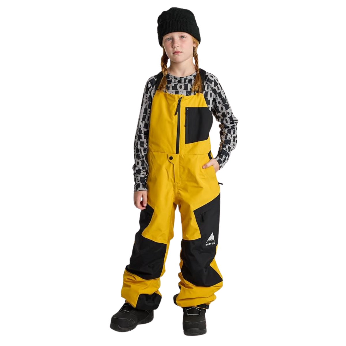 Front view of Burton Kids Powline GORE-TEX 2L Bib Pants in Goldenrod / True Black color combination with 60g insulation and adjustable elastic suspenders