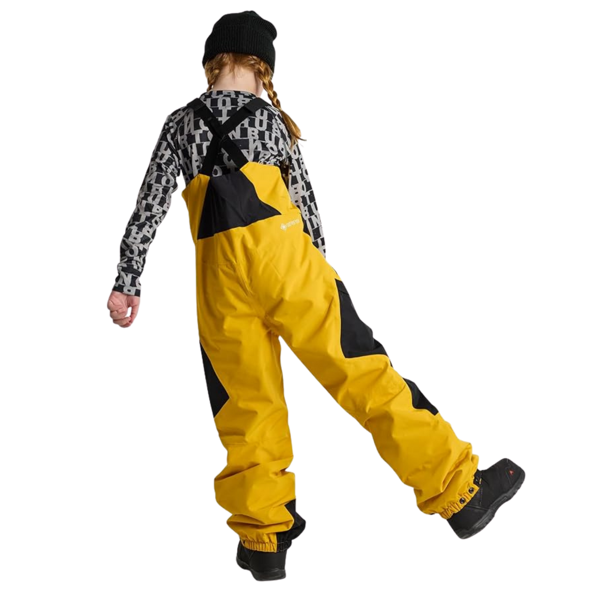 Rear view of Burton Kids Powline GORE-TEX Bib Pants in Goldenrod / True Black color combination with stretch back panel and adjustable suspenders