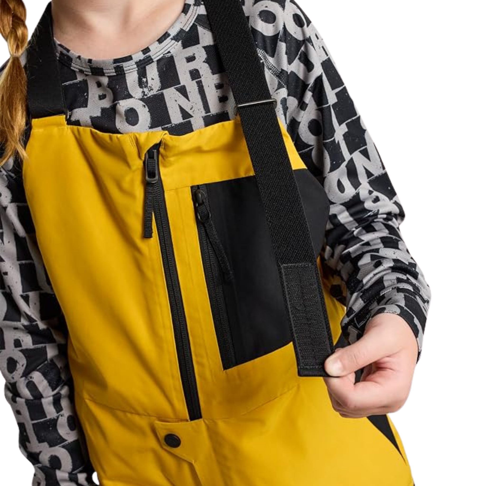 Burton Kids Powline GORE-TEX Bib Pants in Goldenrod / True Black color combination with adjustable elastic suspender straps and flexible stretch back panel