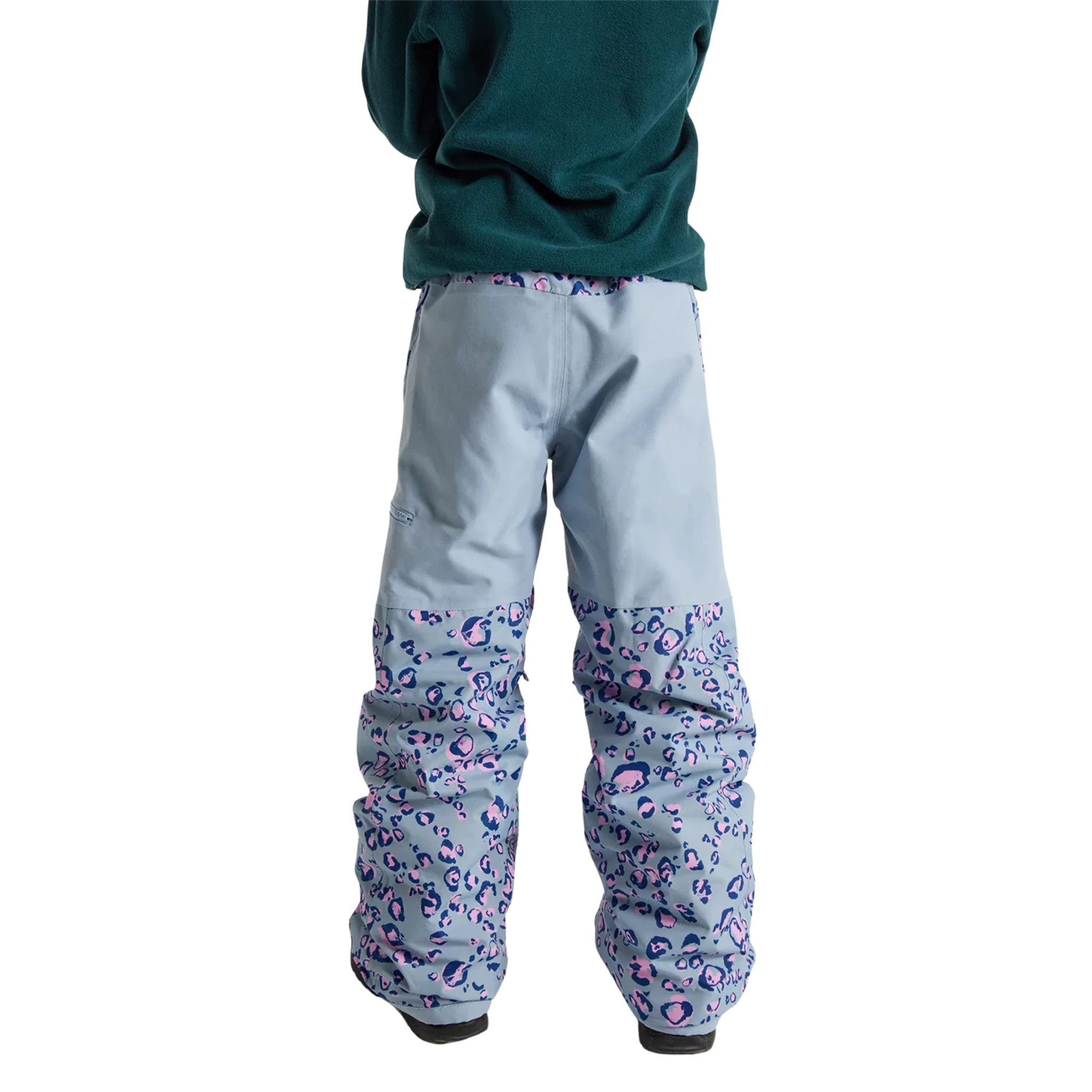 Rear view of Burton Kids Skylar Pants in Cheetah design with reinforced 400D nylon seat panel and 60g ThermacoreECO insulation