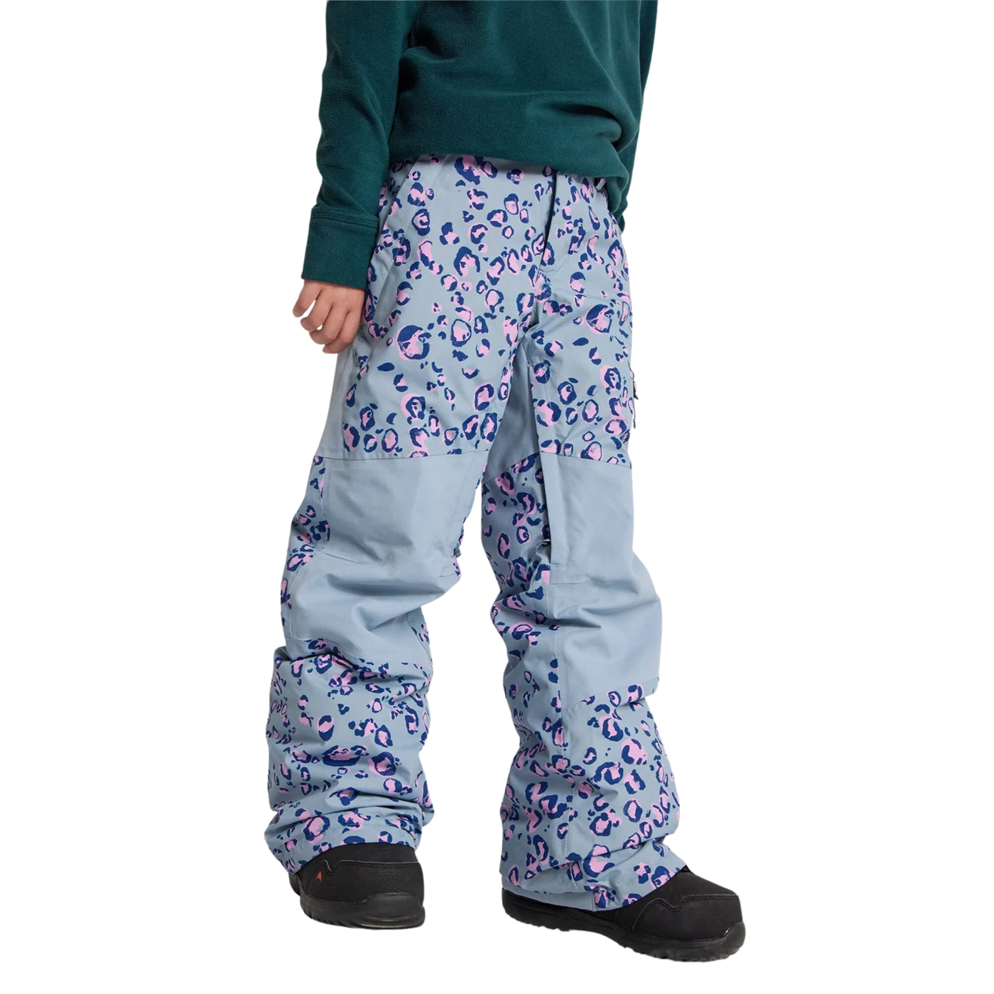 Side view of Burton Kids Skylar Pants in Cheetah design with articulated reinforced knees and 15K waterproof construction