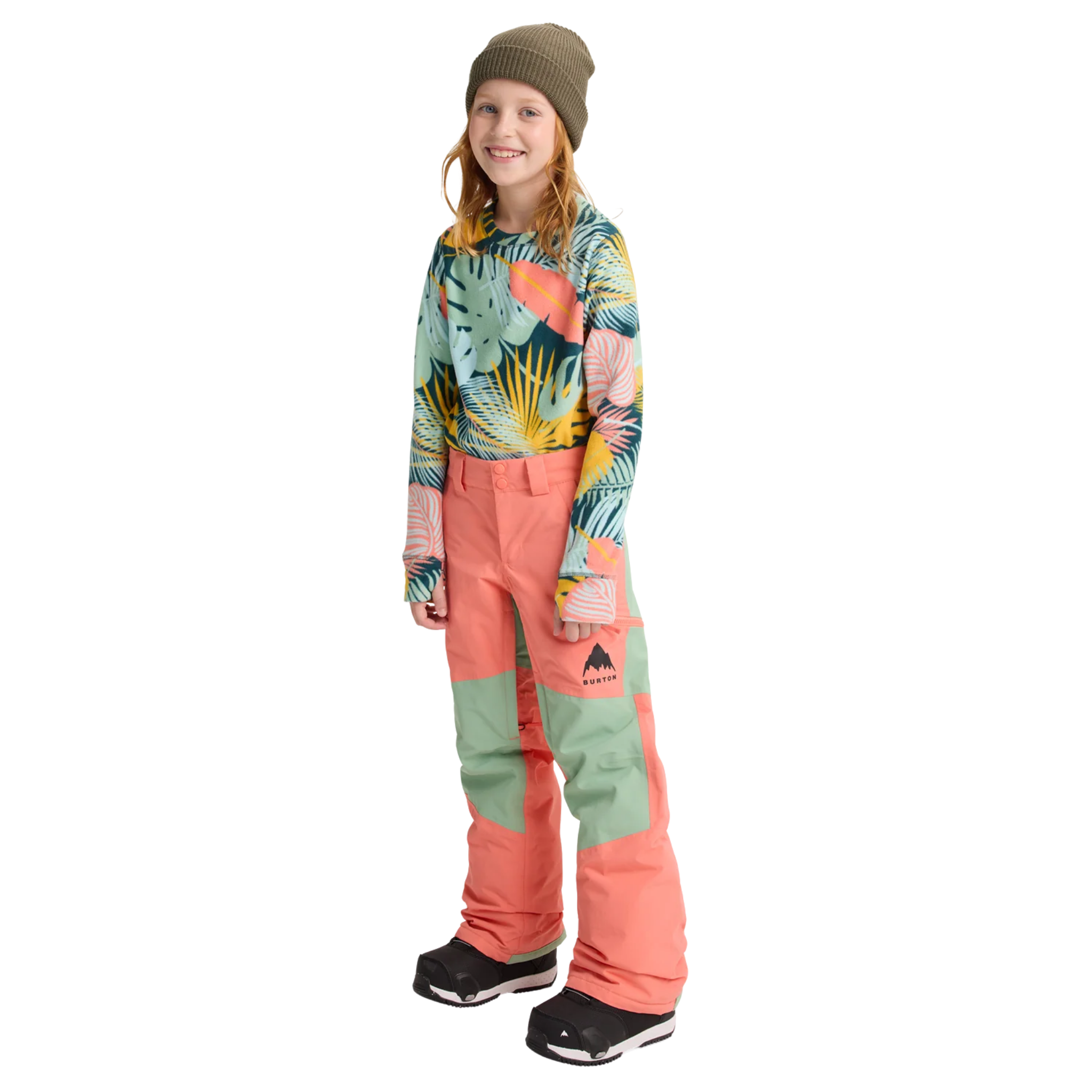 Front view of Burton Kids Skylar Pants in Peach Echo design with 15K DRYRIDE protection, 60g insulation and adjustable waistband