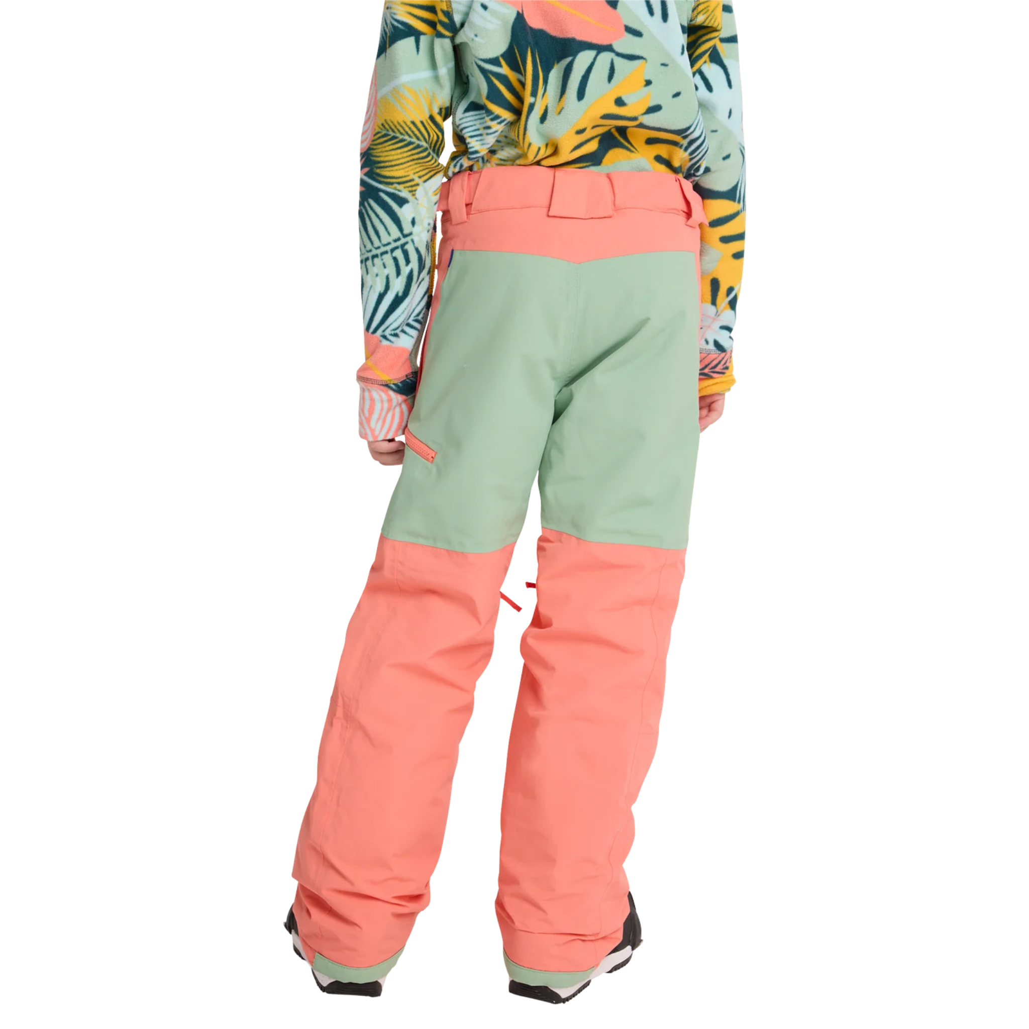 Rear view of Burton Kids Skylar Pants in Peach Echo design with reinforced 400D nylon seat panel and 60g ThermacoreECO insulation