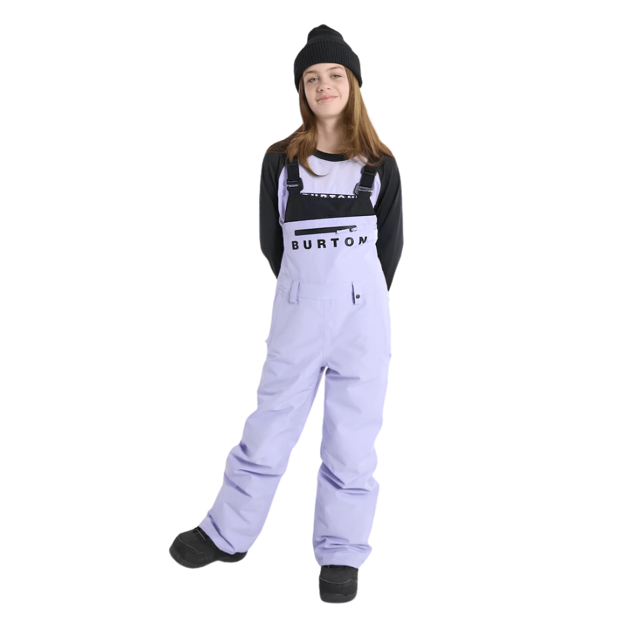 Front view of Burton Kids Stark GORE-TEX 2L Bib Pants in Supernova design with articulated fit and adjustable suspenders
