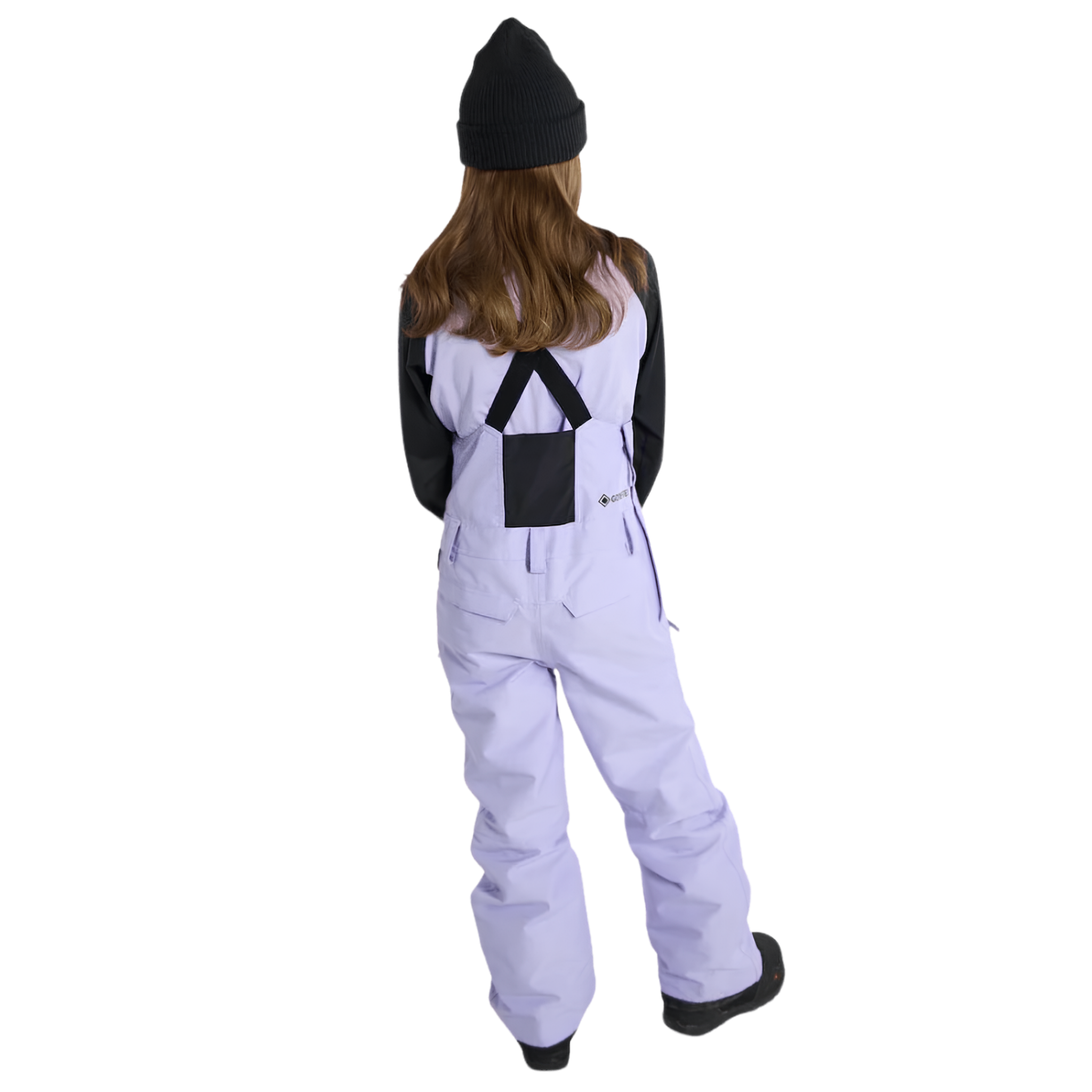 Rear view of Burton Kids Stark GORE-TEX 2L Bib Pants in Supernova design with adjustable suspenders and reinforced construction