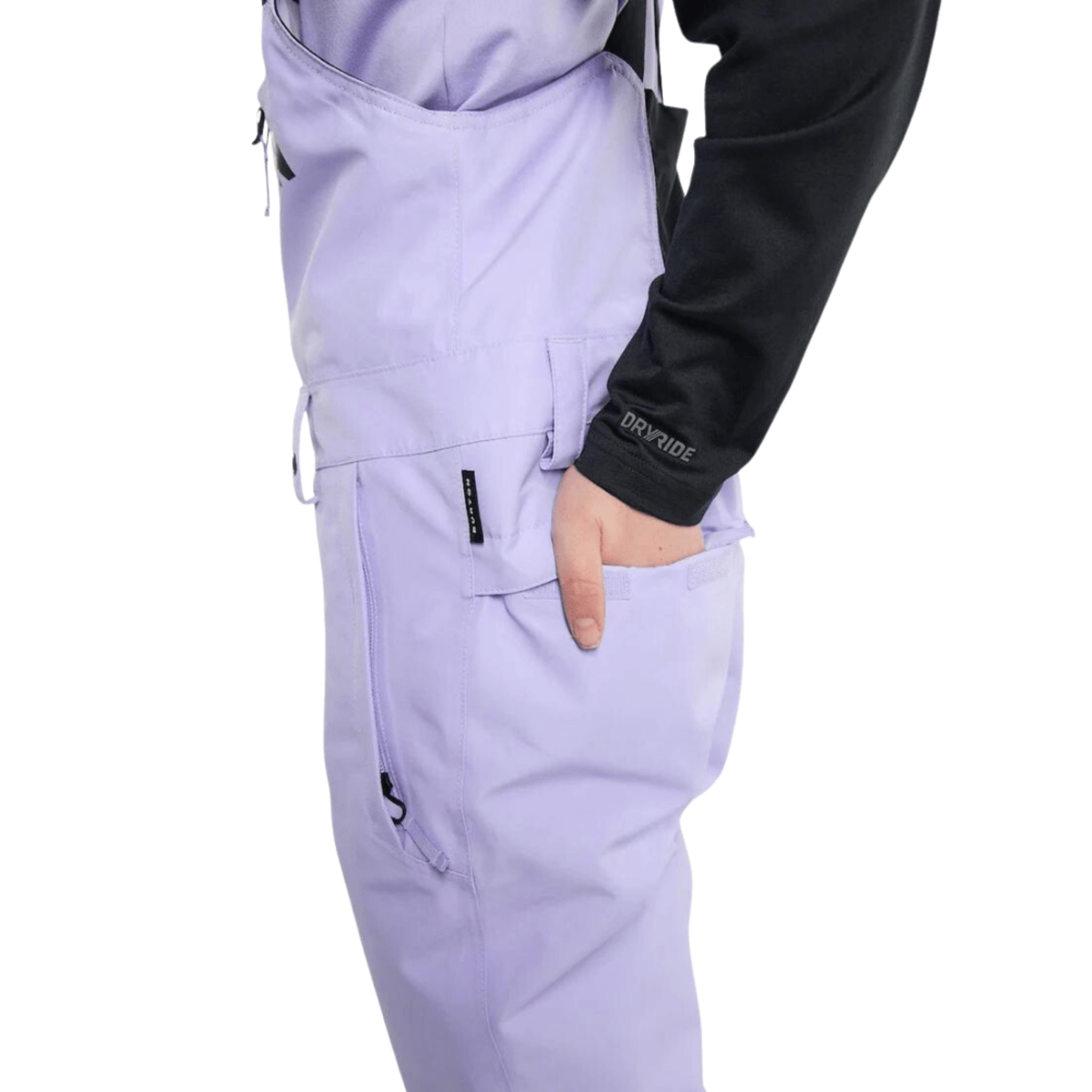 Side view of Burton Kids Stark GORE-TEX 2L Bib Pants in Supernova design with articulated patterning and crotch gusset