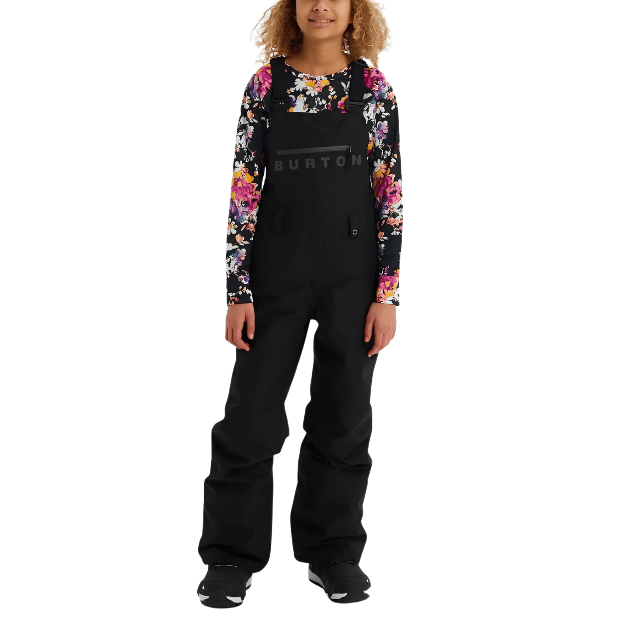 Front view of Burton Kids Stark GORE-TEX 2L Bib Pants in True Black design with articulated fit and adjustable suspenders