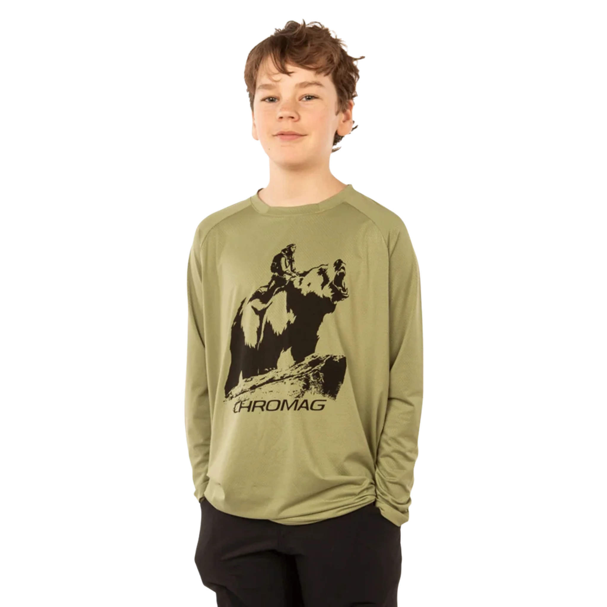 Chromag Dominion long sleeve MTB jersey in Bear Rider Sage design, suited for trail and Whistler Bike Park riding