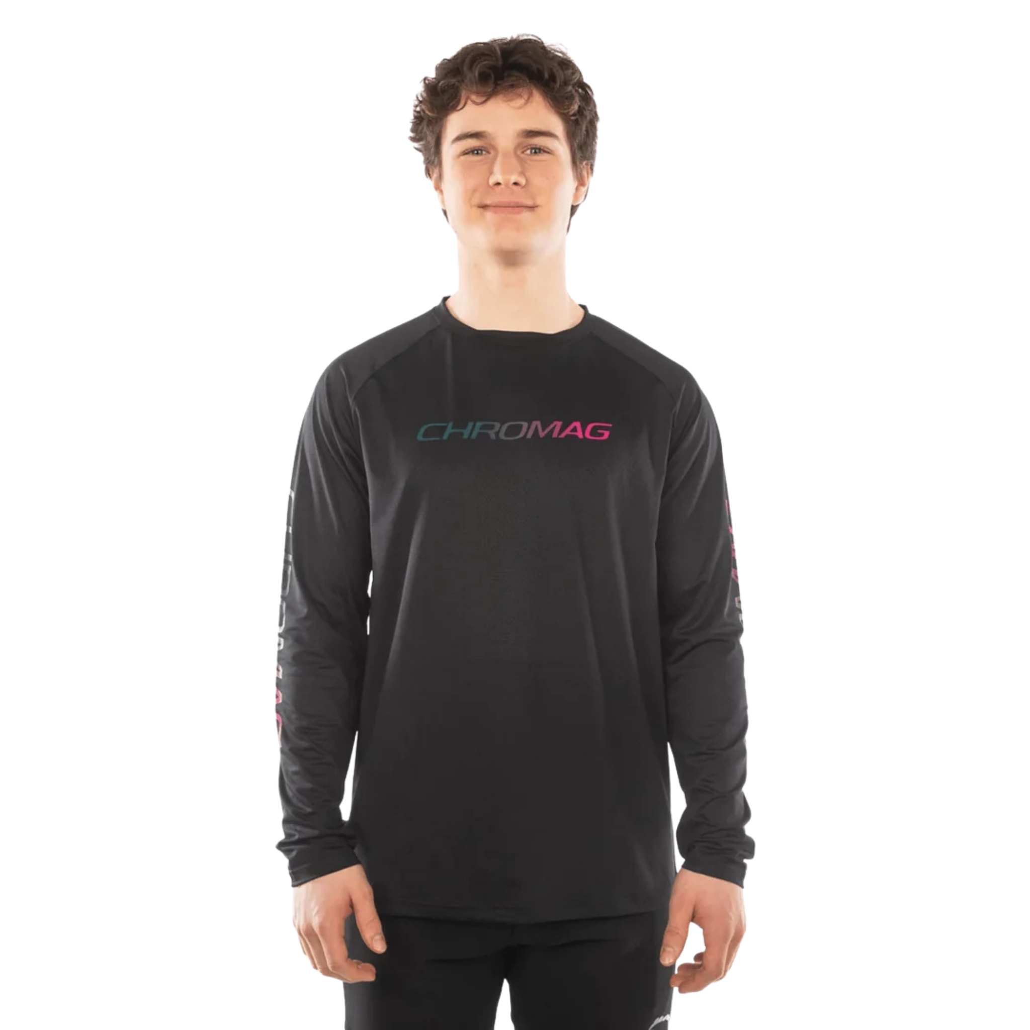Chromag Dominion long sleeve MTB jersey in Black Gradient design, suited for trail and Whistler Bike Park riding