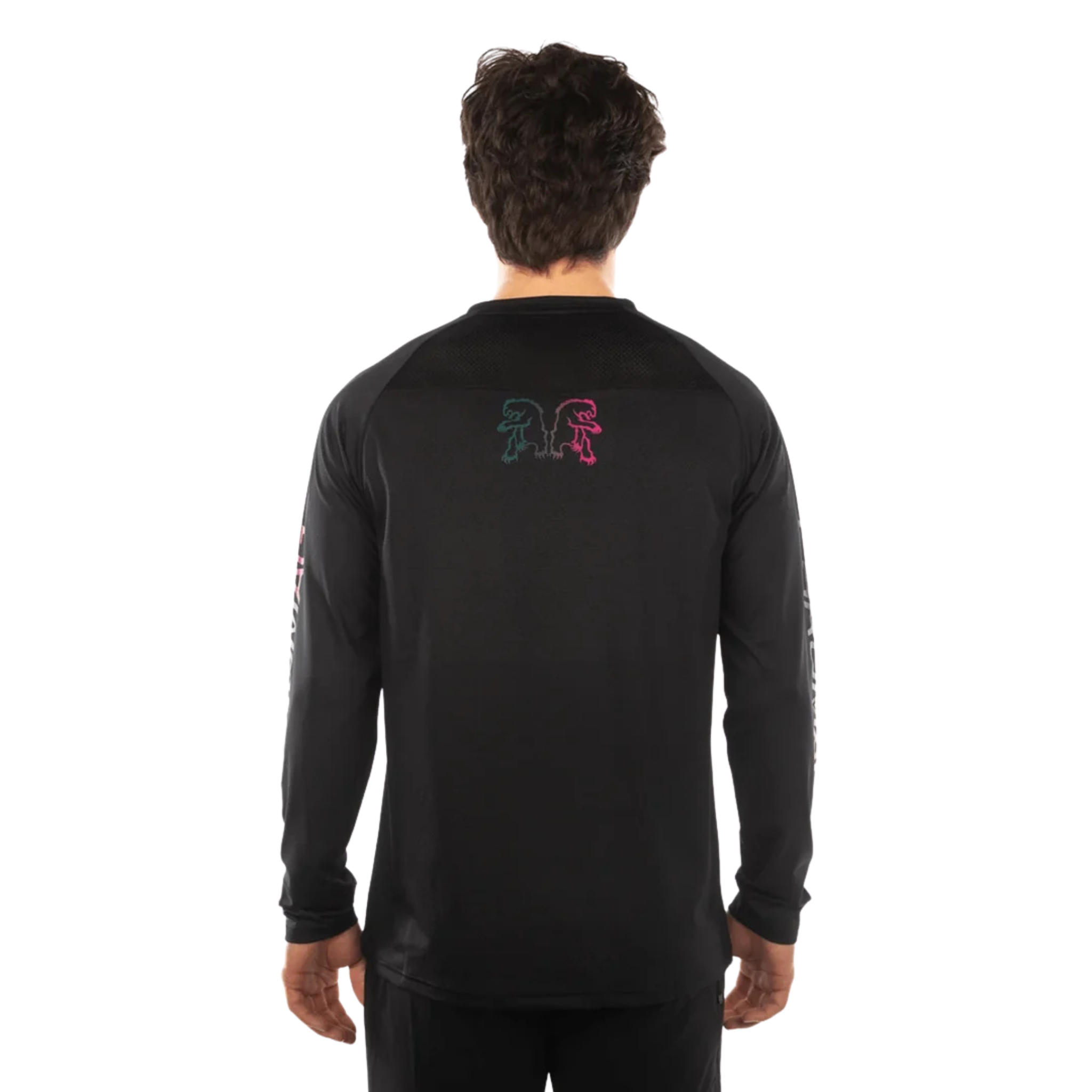 Rear view of Chromag Dominion LS MTB jersey in Black Gradient design showing breathable mesh back panel