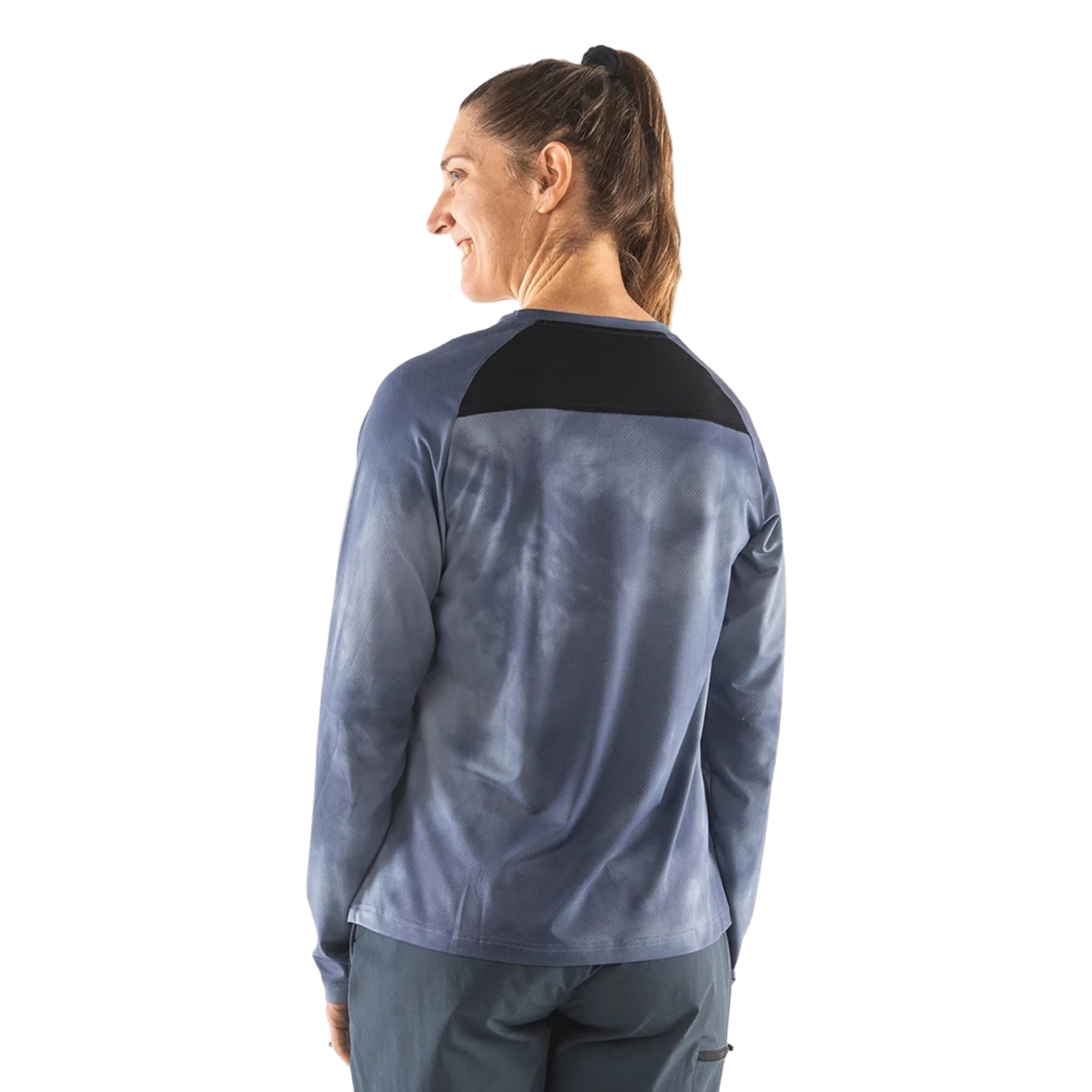 Rear view of Chromag Dominion LS MTB jersey in Forestwash design showing breathable mesh back panel
