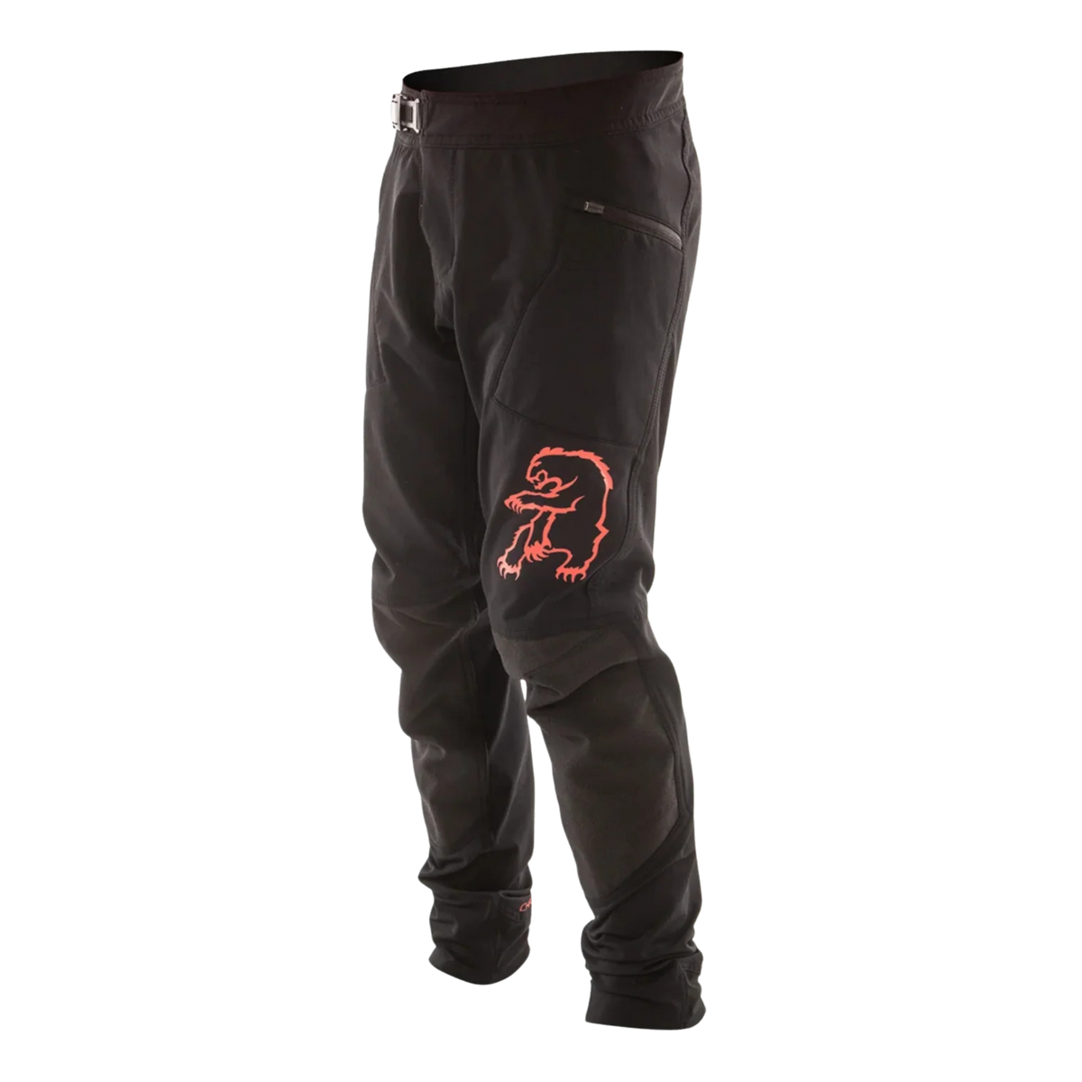 Chromag Kids Feint Bike Pants in Black / Hibiscus with 4-way stretch performance fabric, DWR C0 finish, reinforced knees and laser-cut ventilation