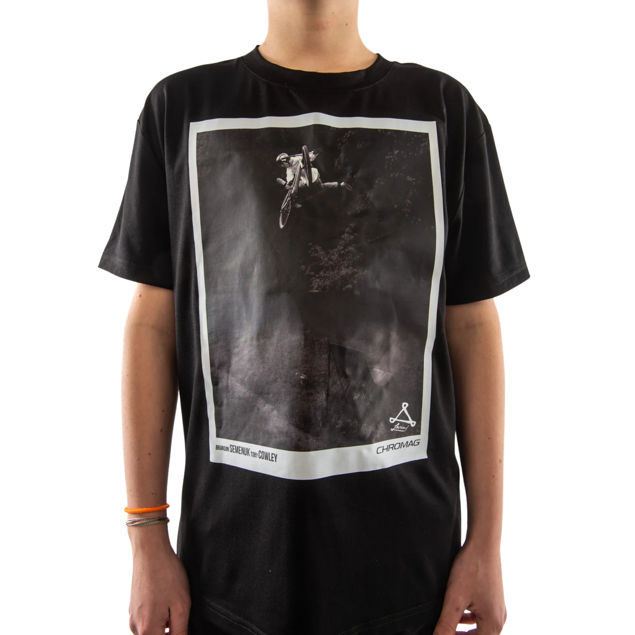 Close-up of the digital graphic print on the Chromag Punk kids tee in Semenuk Black design