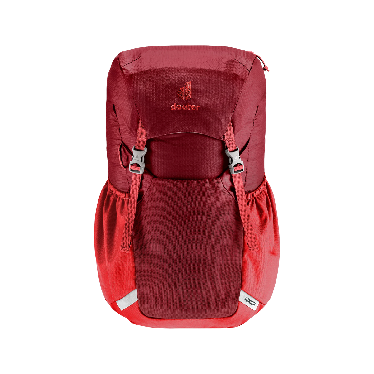 Front view of Deuter Junior 18L Backpack in Cherry color with stretch stash pocket, reflective details and 18-litre storage capacity