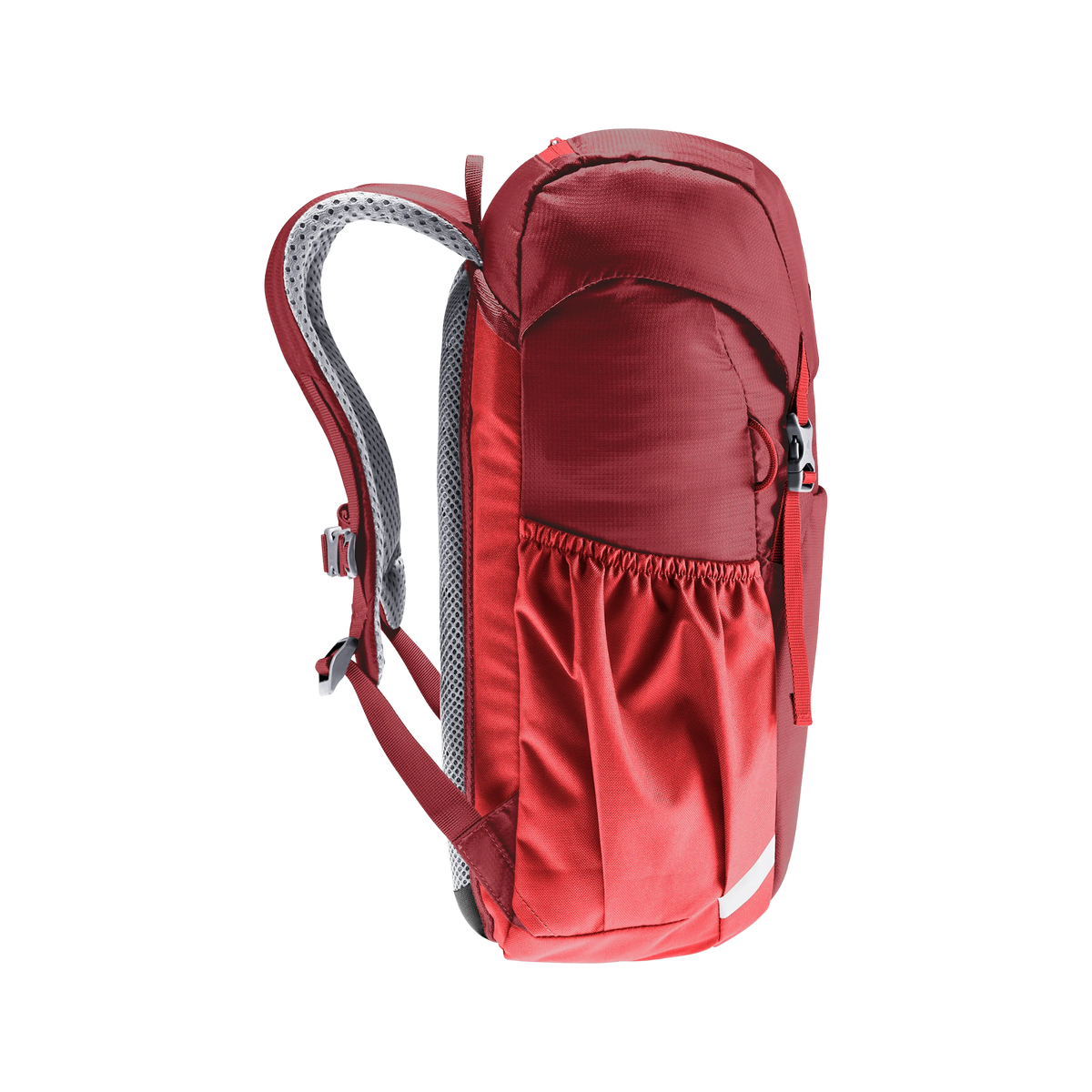 Side view (Left) of Deuter Junior 18L Backpack in Cherry color with elastic side pocket, ergonomic shoulder straps and compact 18-litre profile