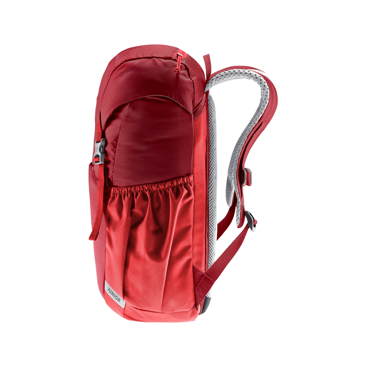 Side view (Right) of Deuter Junior 18L Backpack in Cherry color with elastic side pocket, ergonomic shoulder straps and compact 18-litre profile