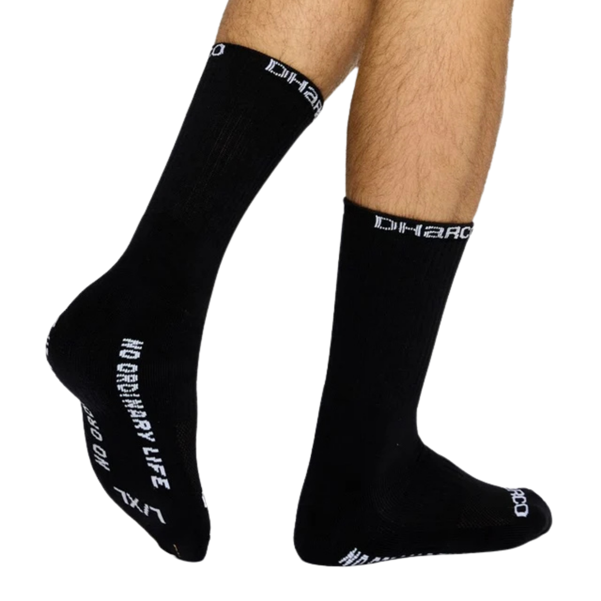 Mountain biker wearing DHaRCO Crew MTB Socks with breathable cotton nylon fabric and cushioned terry base in Whistler