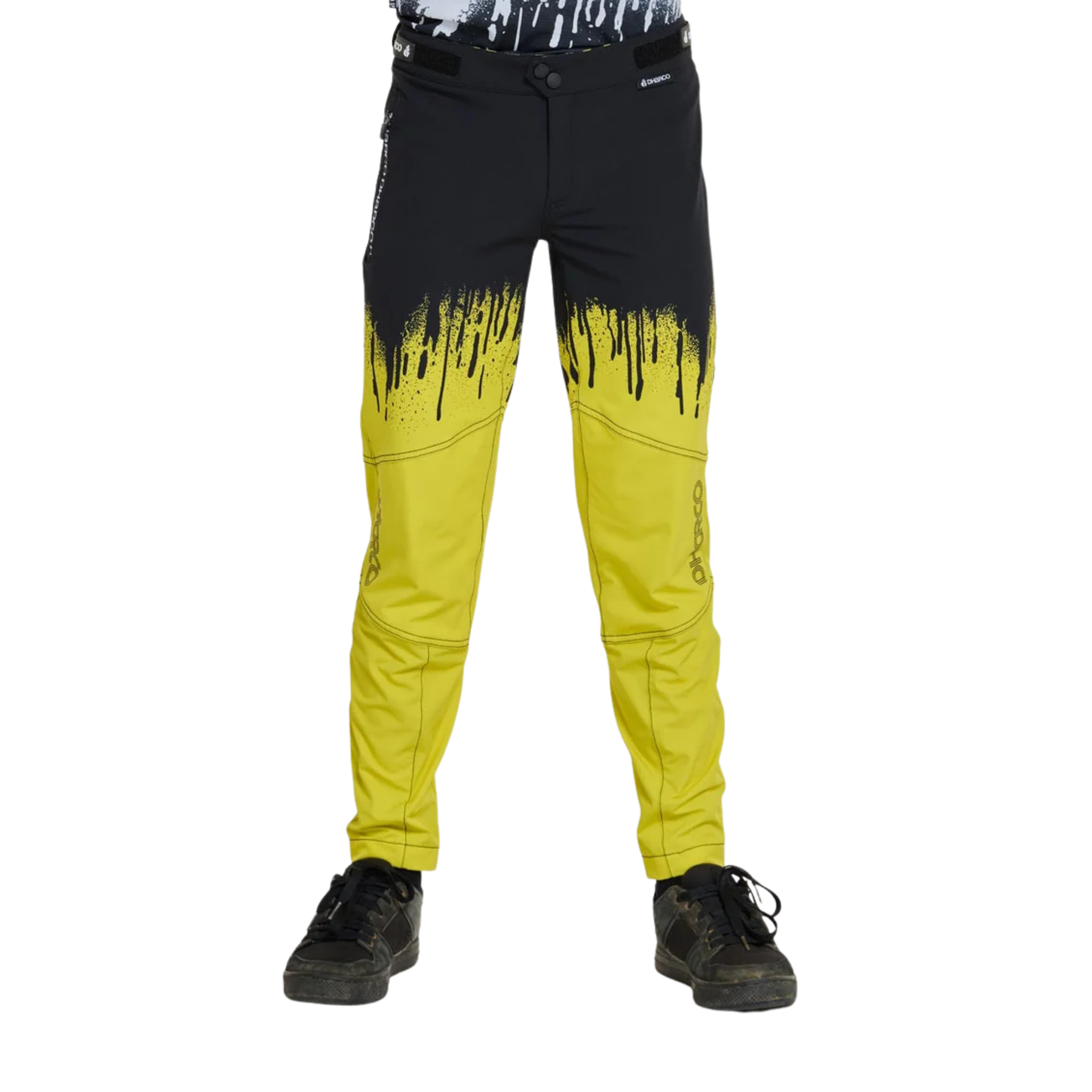 DHaRCO Youth Gravity Pants in Acid Rain design with 95% nylon 5% spandex, water-resistant 4-way stretch fabric and knee pad-compatible fit