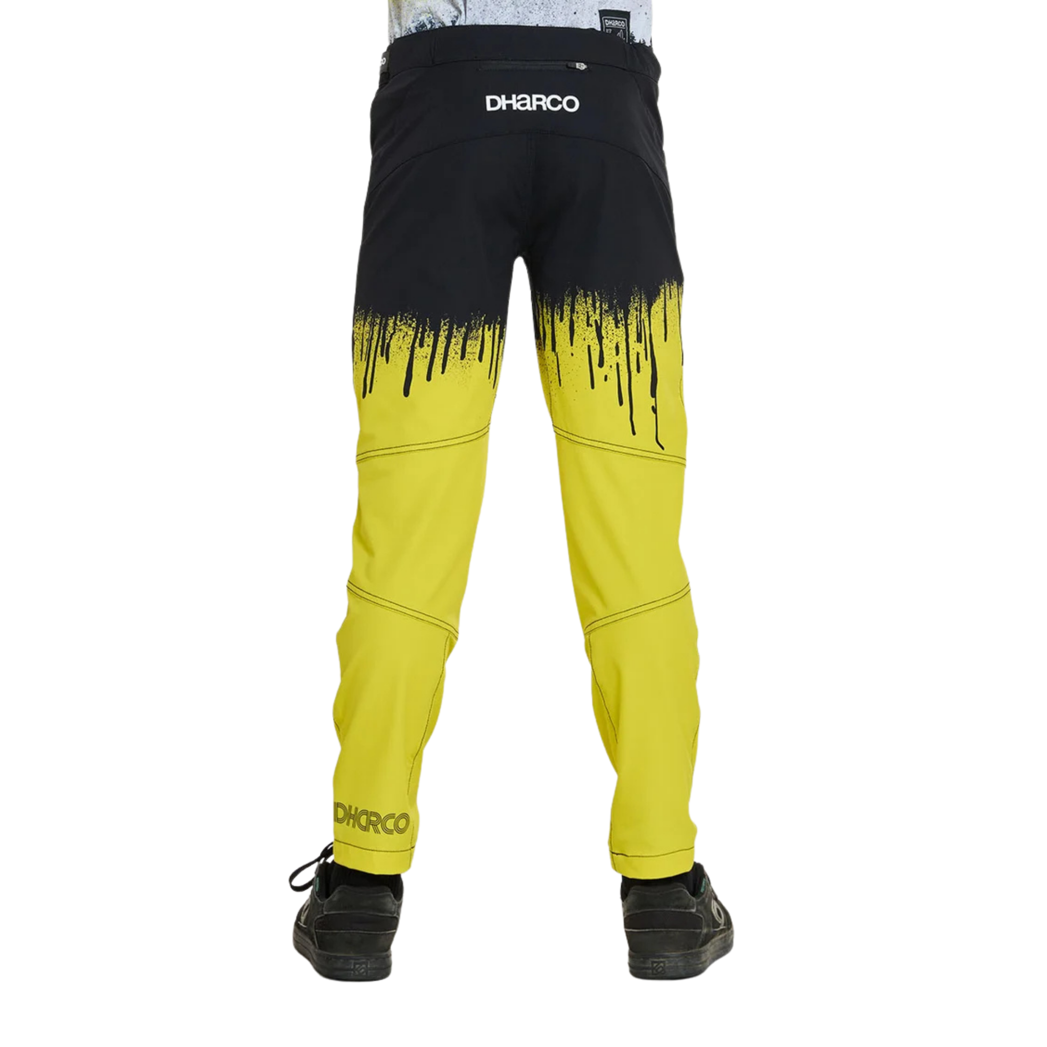 Rear view of DHaRCO Youth Gravity Pants in Acid Rain design with water-resistant 95% nylon 5% spandex construction and articulated fit