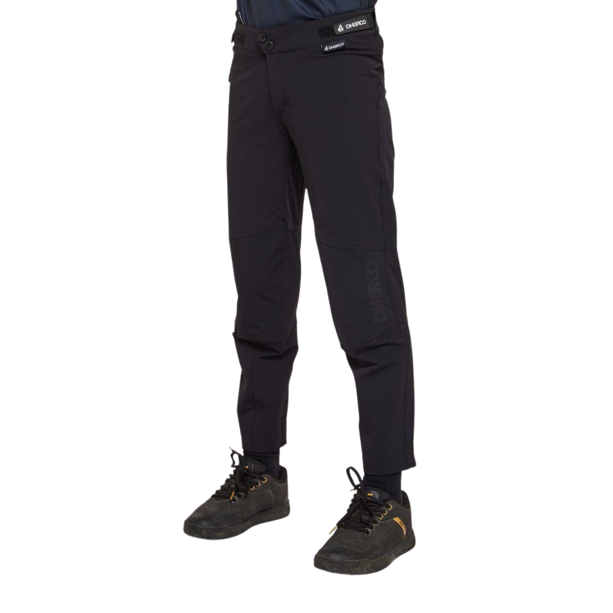 Side view of DHaRCO Youth Gravity Pants in Black with articulated cut, knee pad room and breathable 4-way stretch fabric