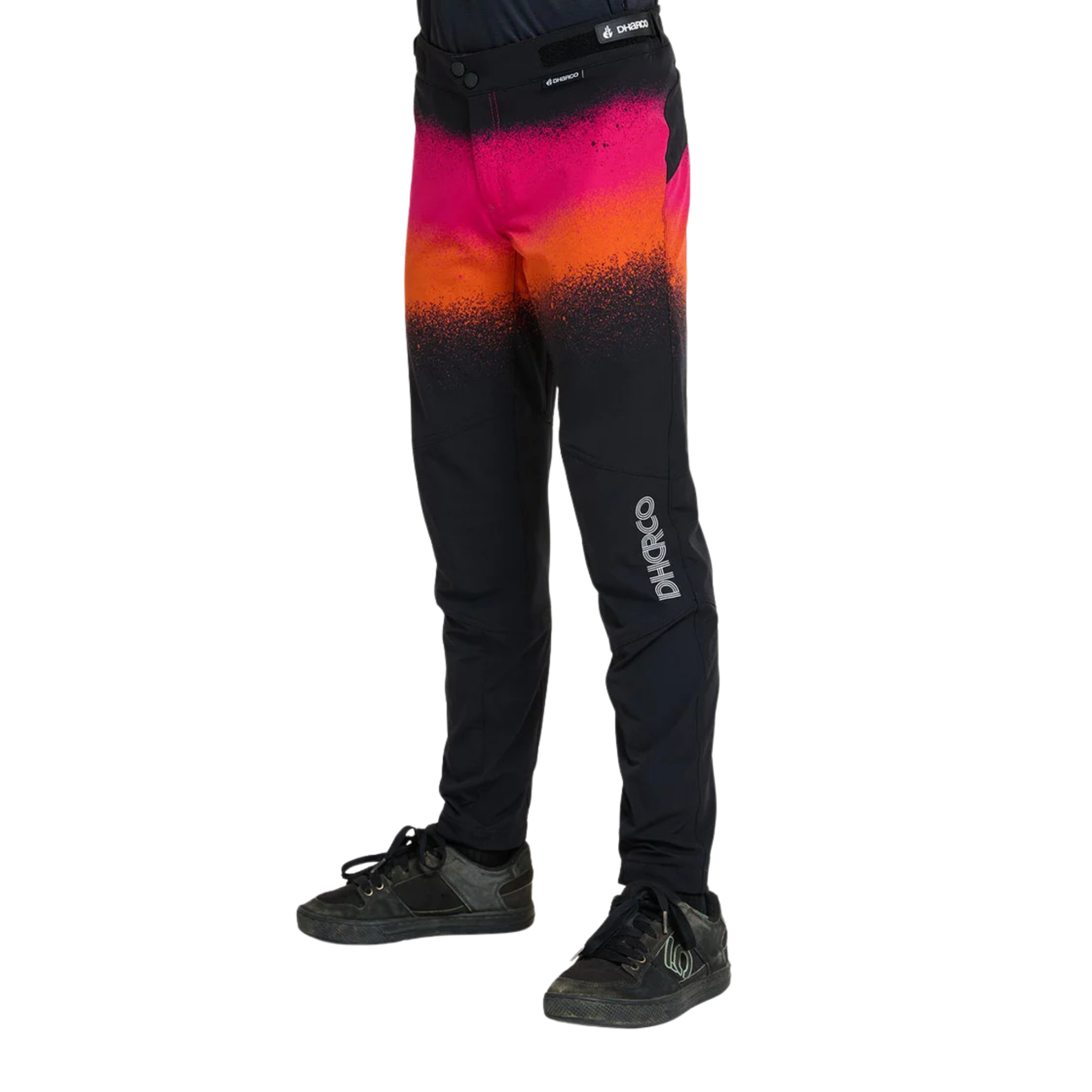 Side view of DHaRCO Youth Gravity Pants in Black Snake design with articulated cut, knee pad room and breathable 4-way stretch fabric