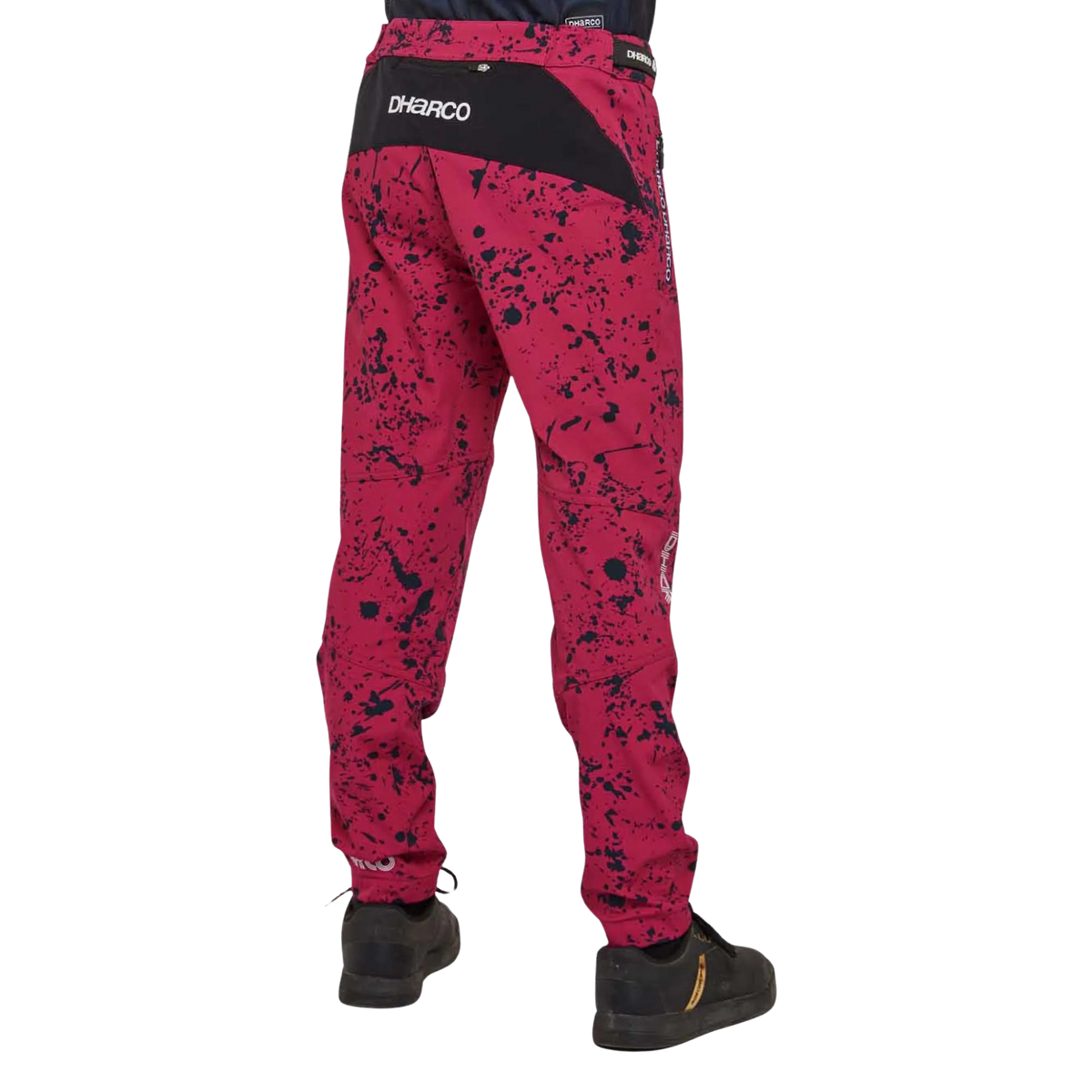 Side view of DHaRCO Youth Gravity Pants in Chili Pepper design with articulated cut, knee pad room and breathable 4-way stretch fabric