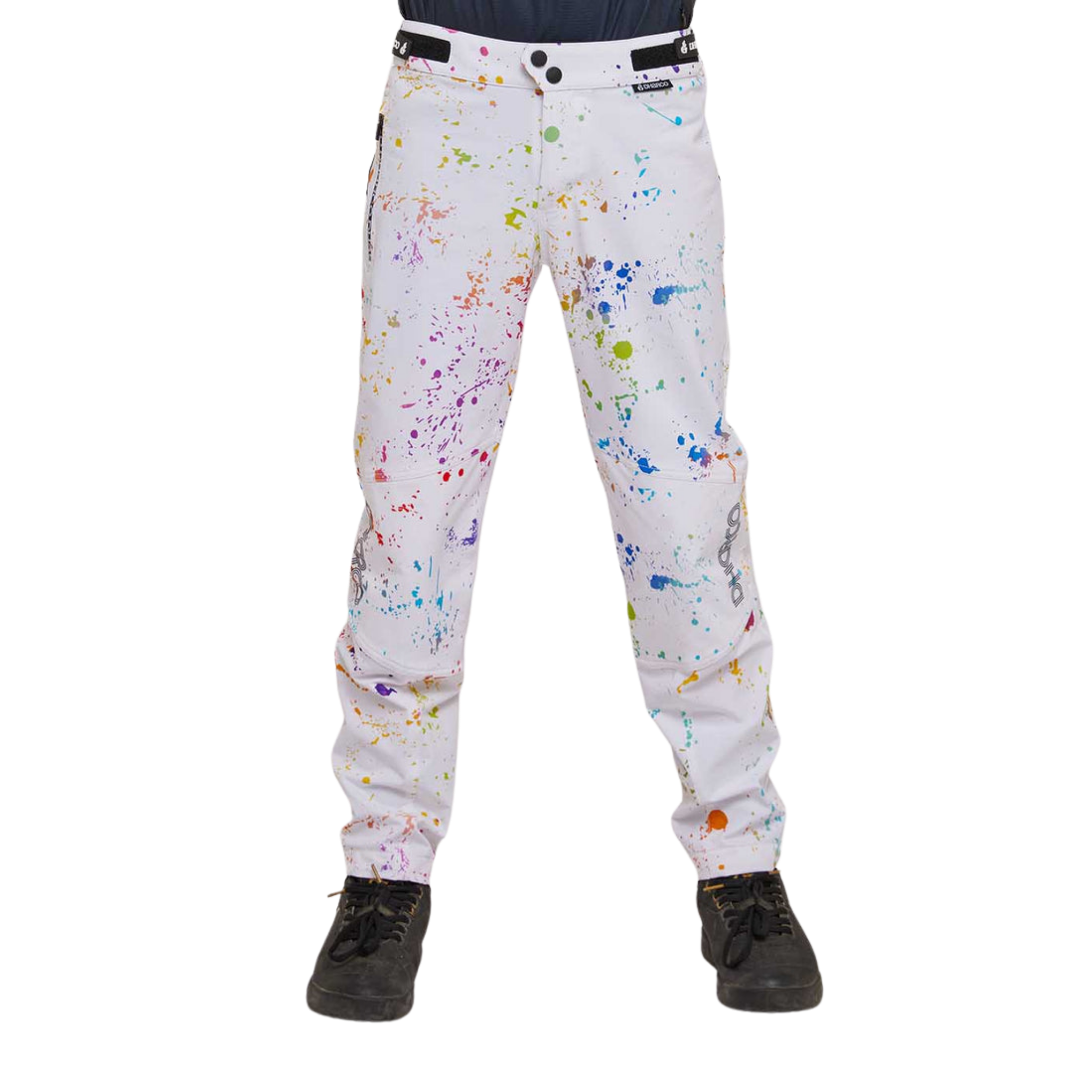 DHaRCO Youth Gravity Pants in Splat design with 95% nylon 5% spandex, water-resistant 4-way stretch fabric and knee pad-compatible fit