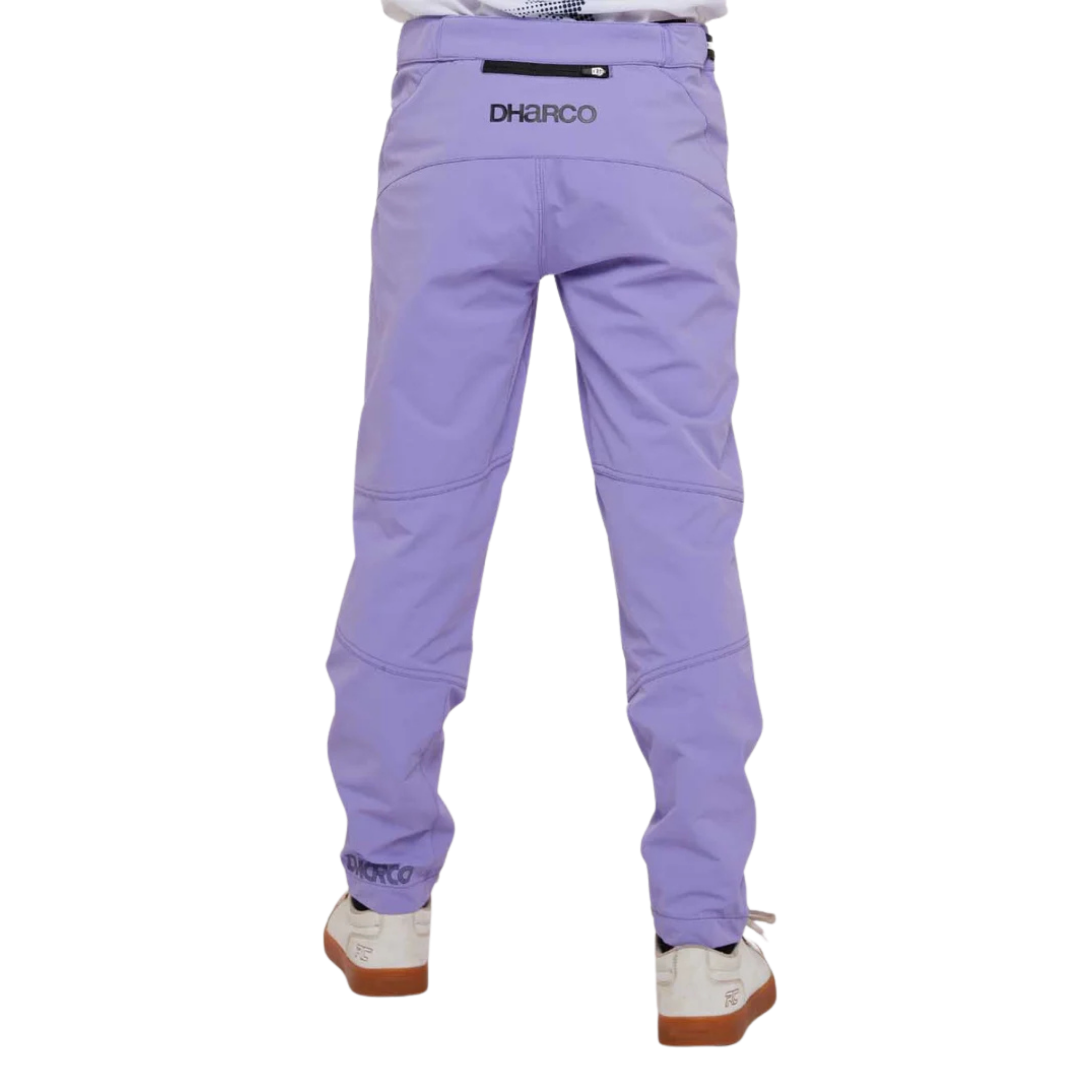 Rear view of DHaRCO Youth Gravity Pants in Purple Haze with water-resistant 95% nylon 5% spandex construction and articulated fit