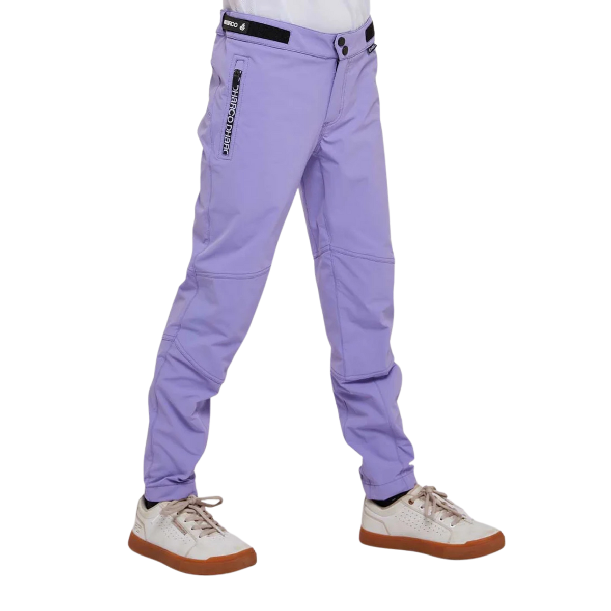 Side view of DHaRCO Youth Gravity Pants in Purple Haze with articulated cut, knee pad room and breathable 4-way stretch fabric