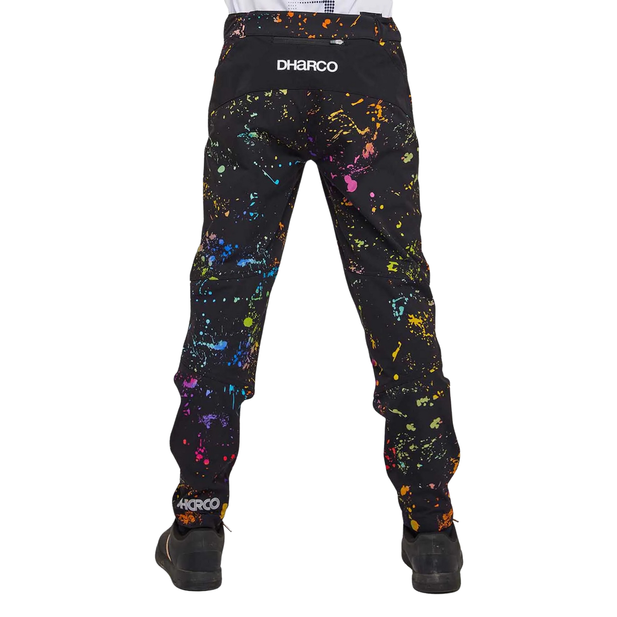 Rear view of DHaRCO Youth Gravity Pants in Supernova design with water-resistant 95% nylon 5% spandex construction and articulated fit