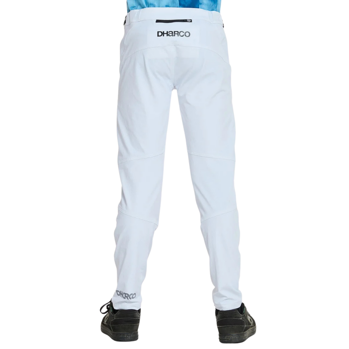 Rear view of DHaRCO Youth Gravity Pants in White with water-resistant 95% nylon 5% spandex construction and articulated fit