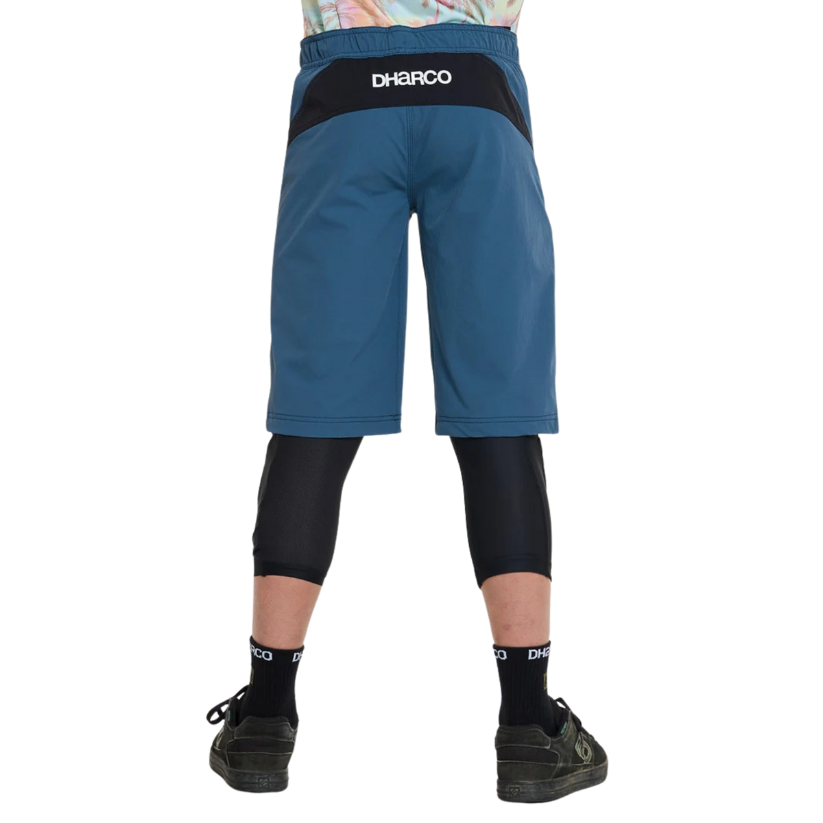 Rear view of DHaRCO Youth Gravity Shorts in Maverick with durable water-resistant fabric and longer knee pad-compatible fit