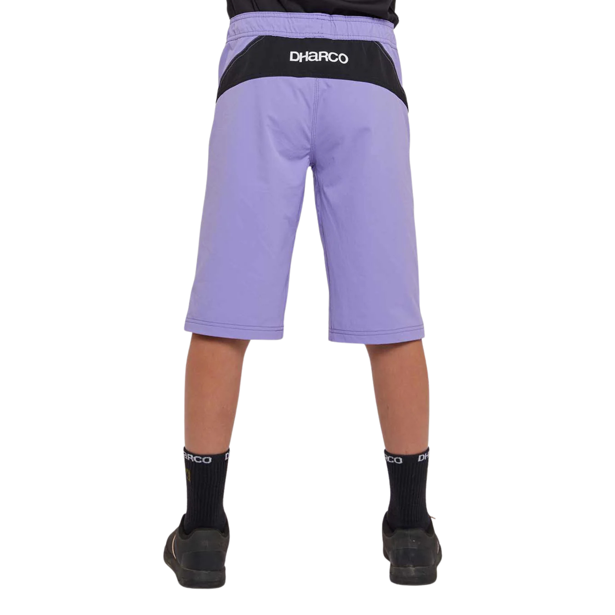Rear view of DHaRCO Youth Gravity Shorts in Purple Haze with durable water-resistant fabric and longer knee pad-compatible fit