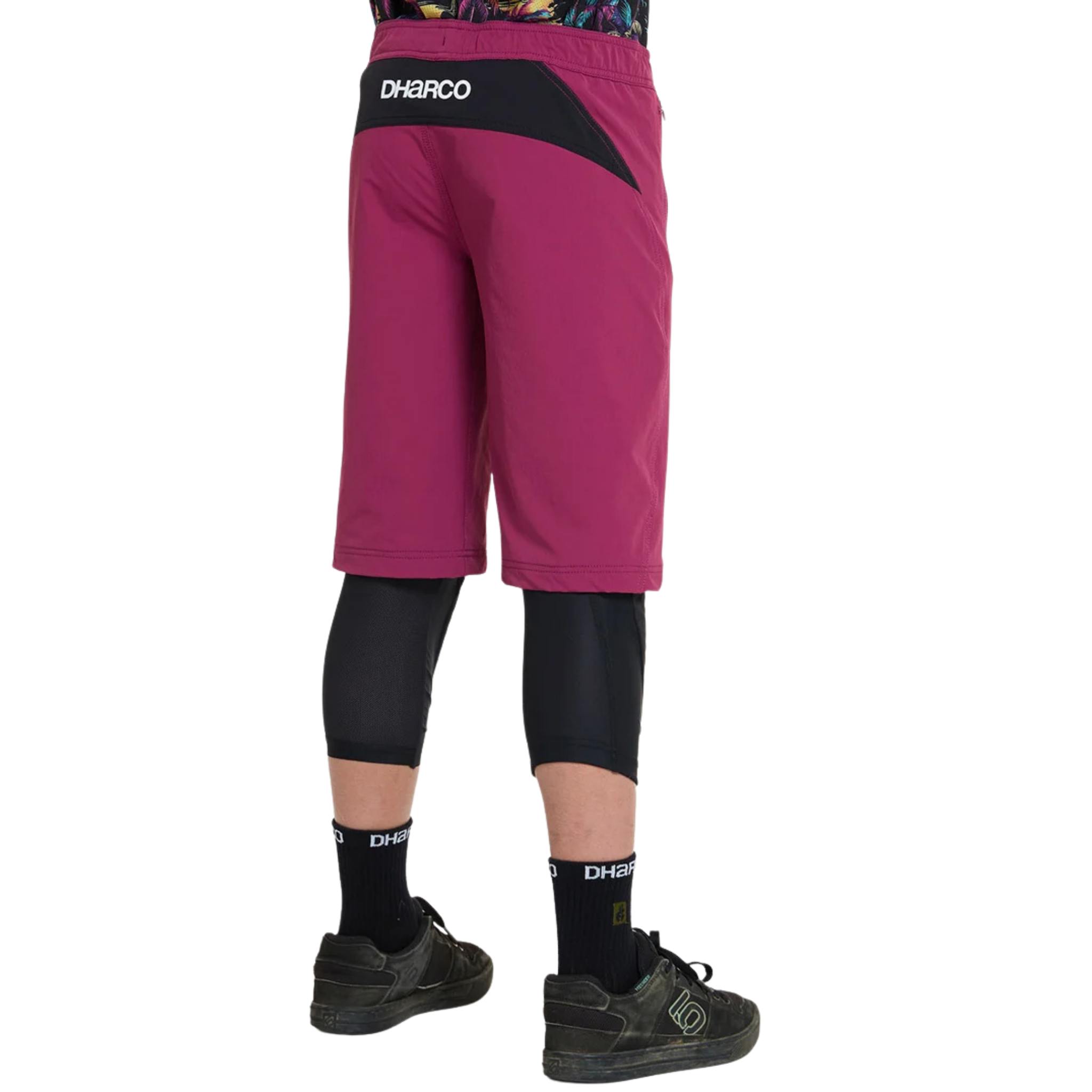 Rear view of DHaRCO Youth Gravity Shorts in Sangria with durable water-resistant fabric and longer knee pad-compatible fit